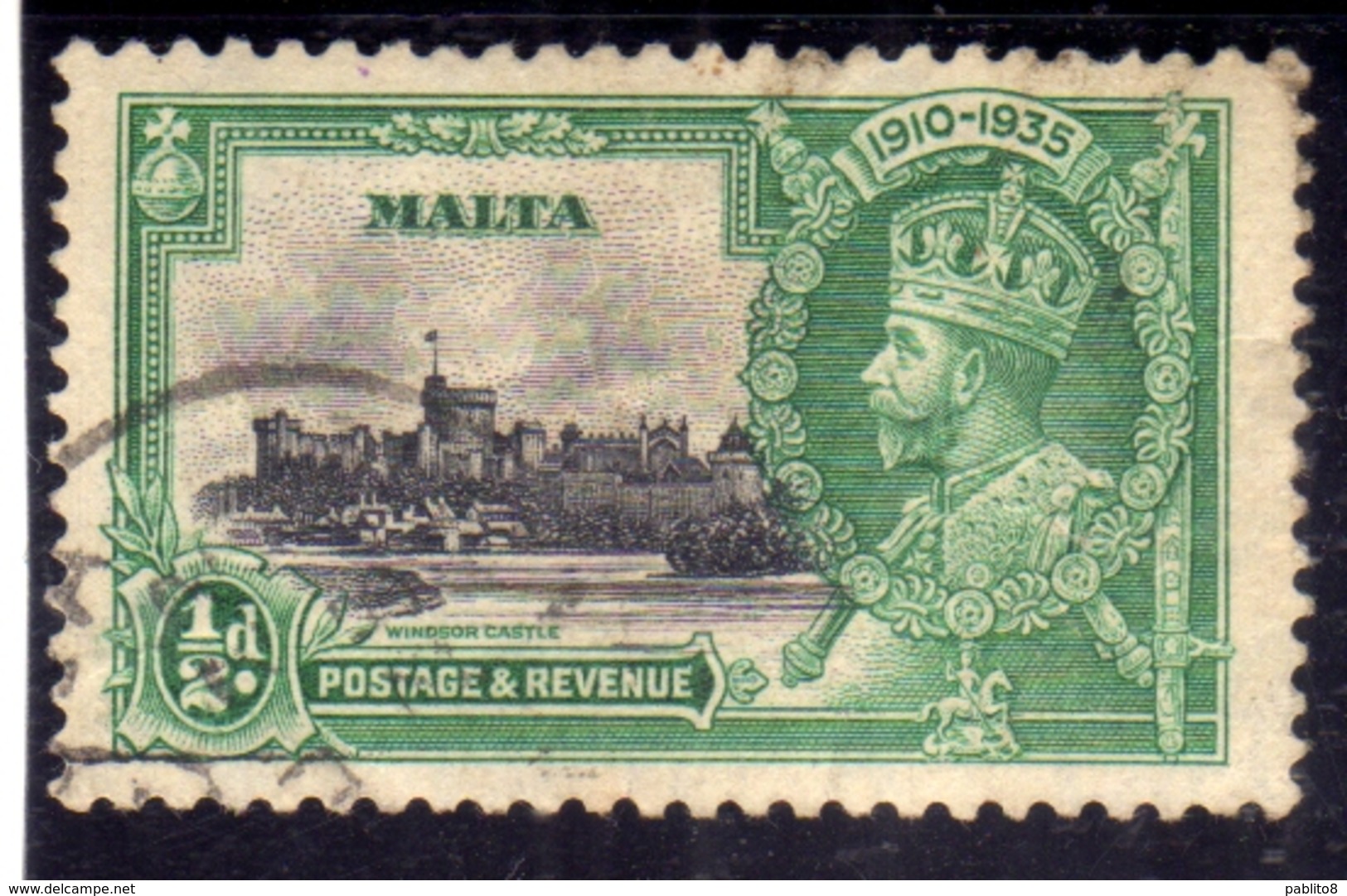 MALTA 1935 SILVER JUBILEE ISSUE KING GEORGE V WINDSOR CASTLE 1/2p USATO USED OBLITERE' - Malta