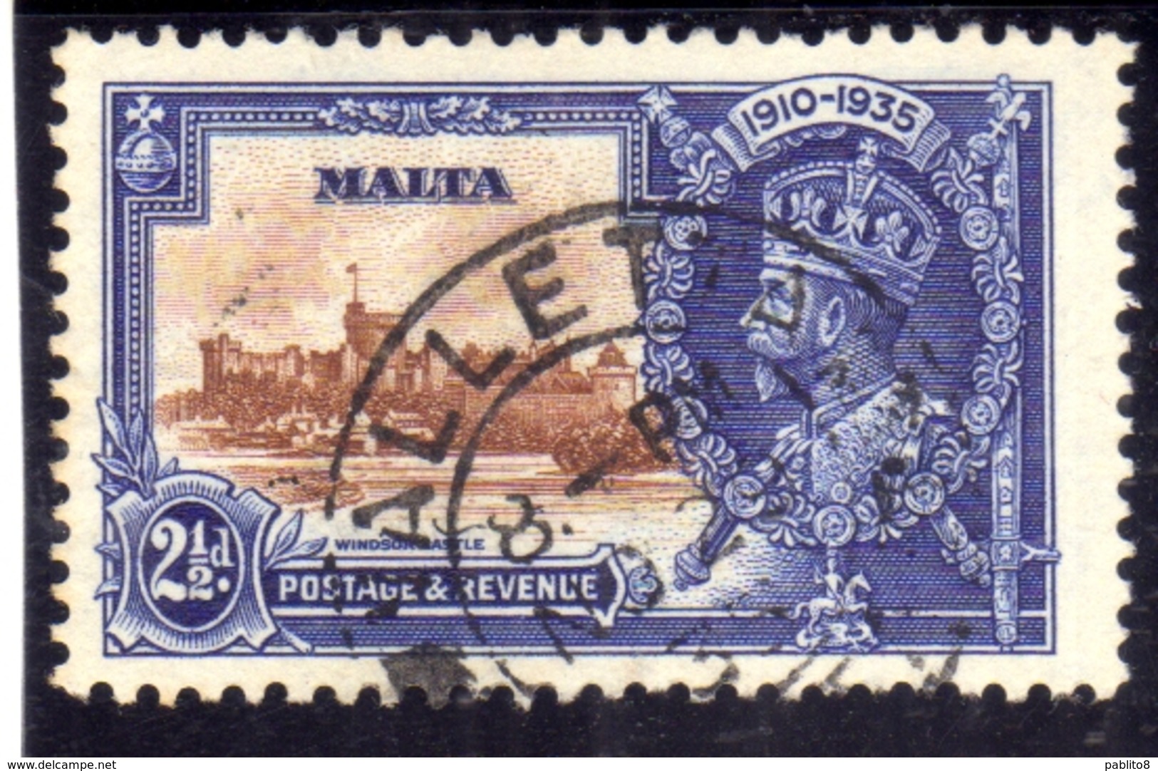 MALTA 1935 SILVER JUBILEE ISSUE KING GEORGE V WINDSOR CASTLE 2 1/2p USATO USED OBLITERE' - Malta