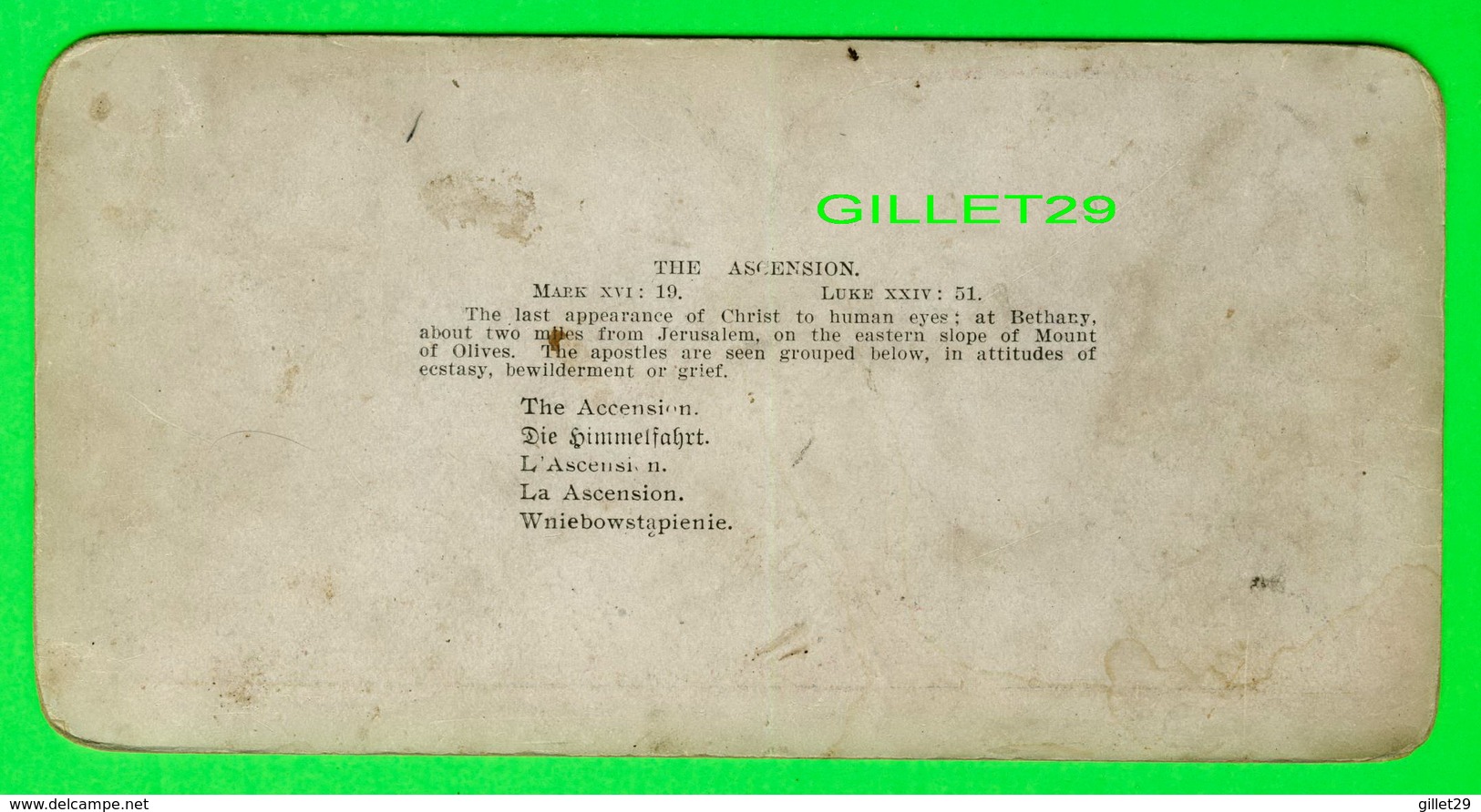 CARTES  STÉRÉOSCOPIQUES - THE ASCENSION. THE LAST APPEARANCE OF CHRIST ON EARTH - No 18 - - Stereoskopie