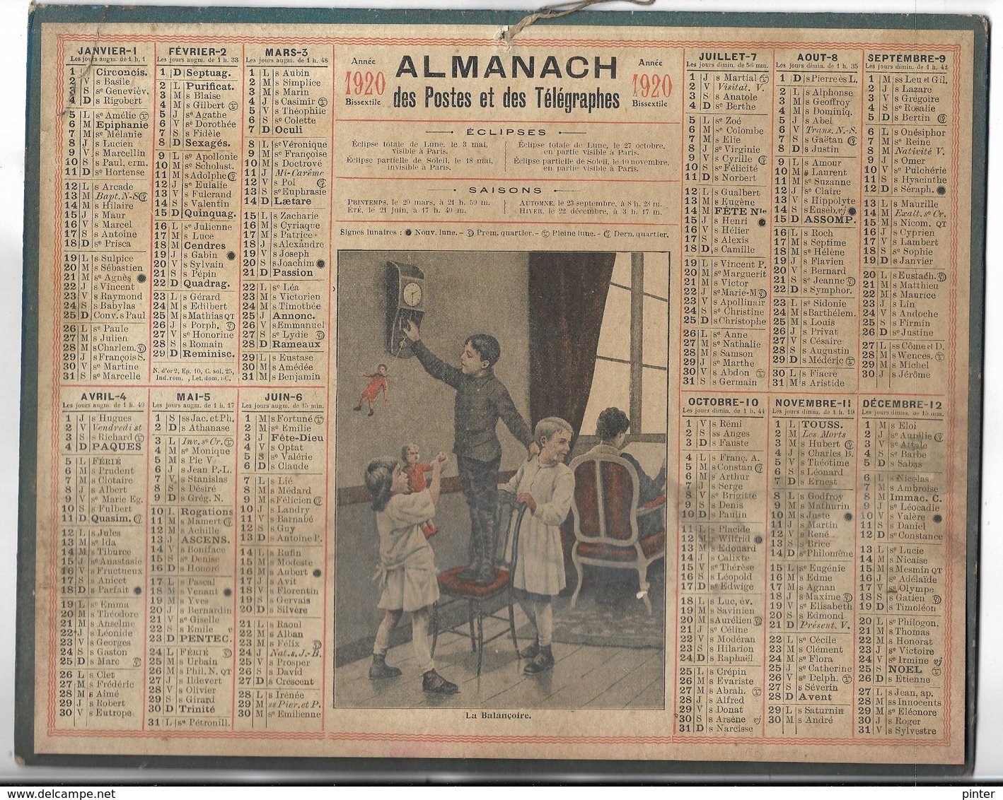 CALENDRIER De 1920 - Format 26.5 X 21 Cm - 2 Feuillets Au Verso De La Gironde - Grand Format : 1901-20