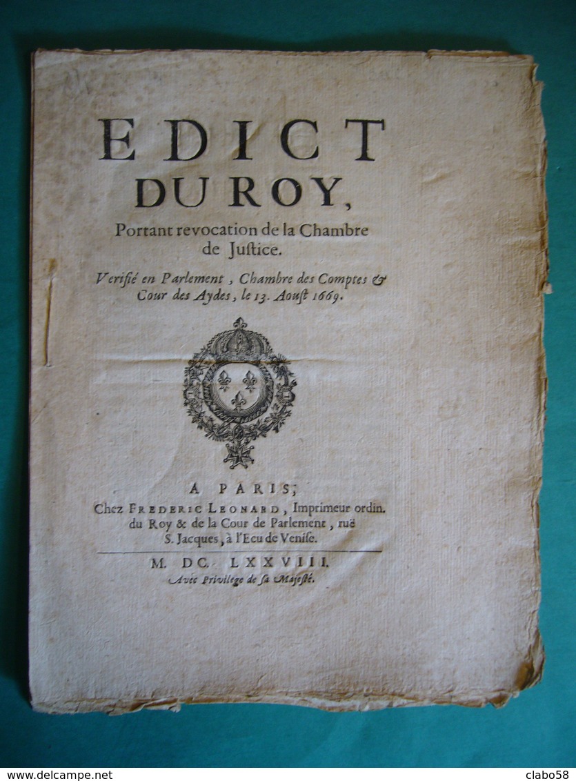 1669 EDICT DU ROY LUIGI XIV   RE DI FRANCIA E DI NAVARRA - Wetten & Decreten