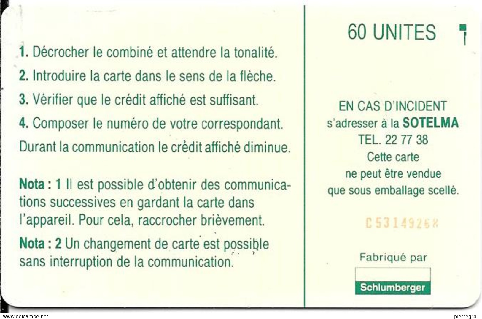 CARTE-PUCE-AFRIQUE-MALI-SC7-60U-GENERIQUE VERTV°N°C53149268-TBE- - Mali