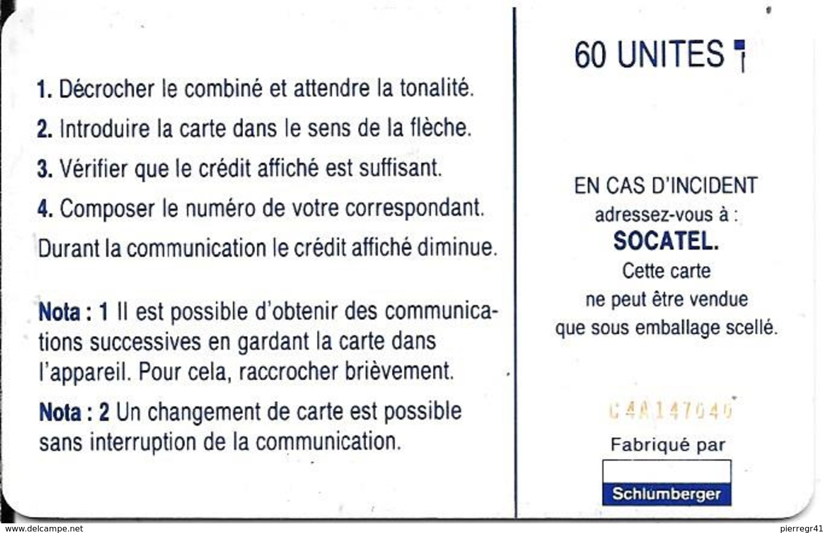 CARTE-PUCE-CENTRE AFRIQUE-60U-SC7-SOCATEL-BLEU-V°N°Rge C4A147040-TBE - Centrafricaine (République)