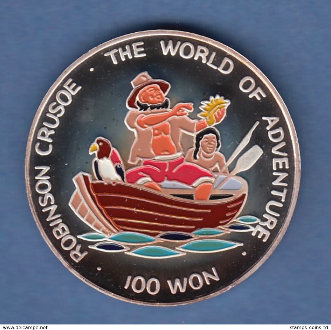 Nord-Korea 100 Won Silbermünze Robinson Crusoe 1996 Coloriert Ag 999 - Sonstige – Asien