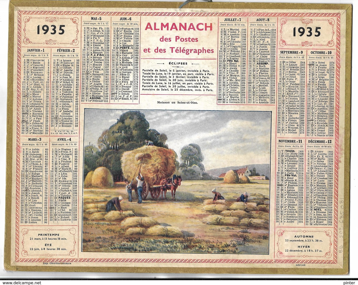 CALENDRIER 1935 Avec 3 Feuillets De La SEINE   - Format 26 X 21 Cm - Grand Format : 1921-40