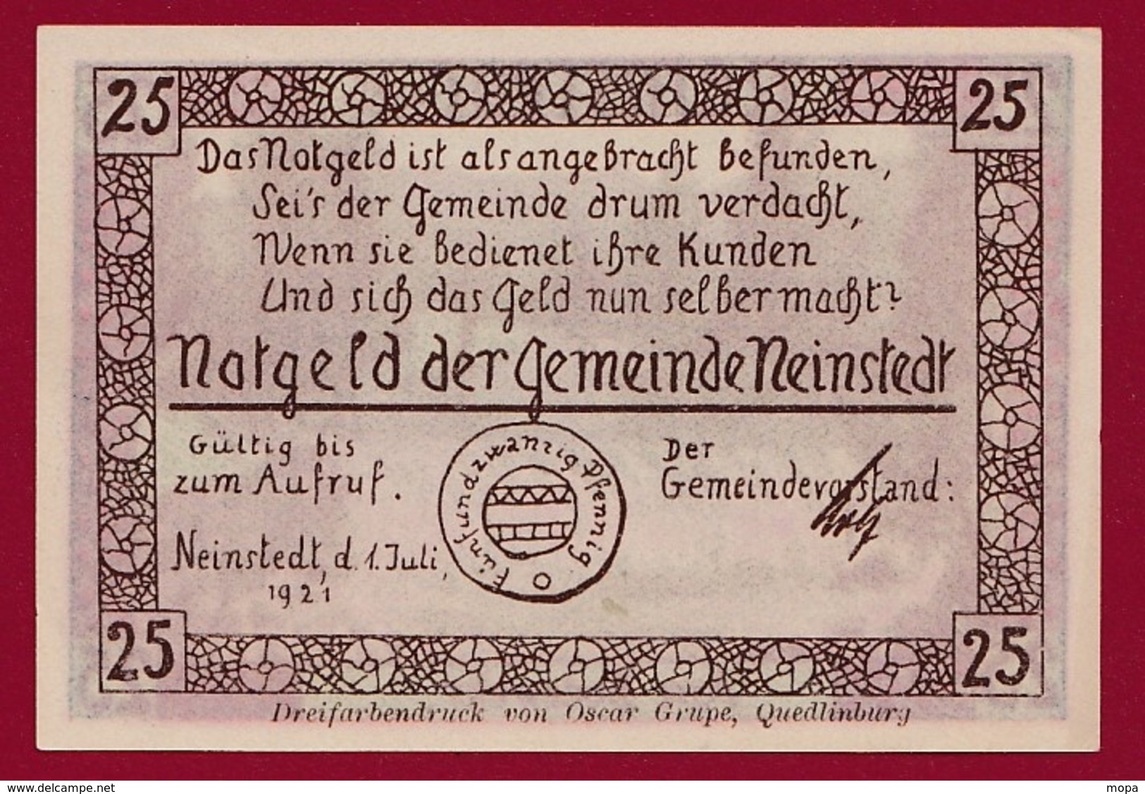 Allemagne 1 Notgeld De 25 Pfenning Stadt Neinstedt (RARE) UNC N °4523 - Collections