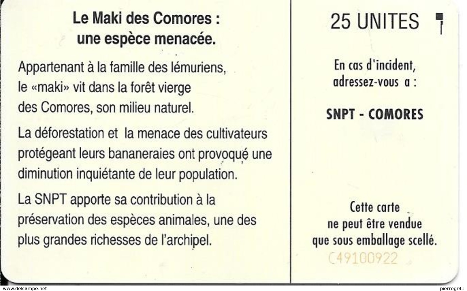 CARTE-PUCE-25U-SC5-SNPT COMORES-MAKI-UTILISE-V°9 N°Rge N° C49100922-UTILISE-TBE-RARE - Comoros