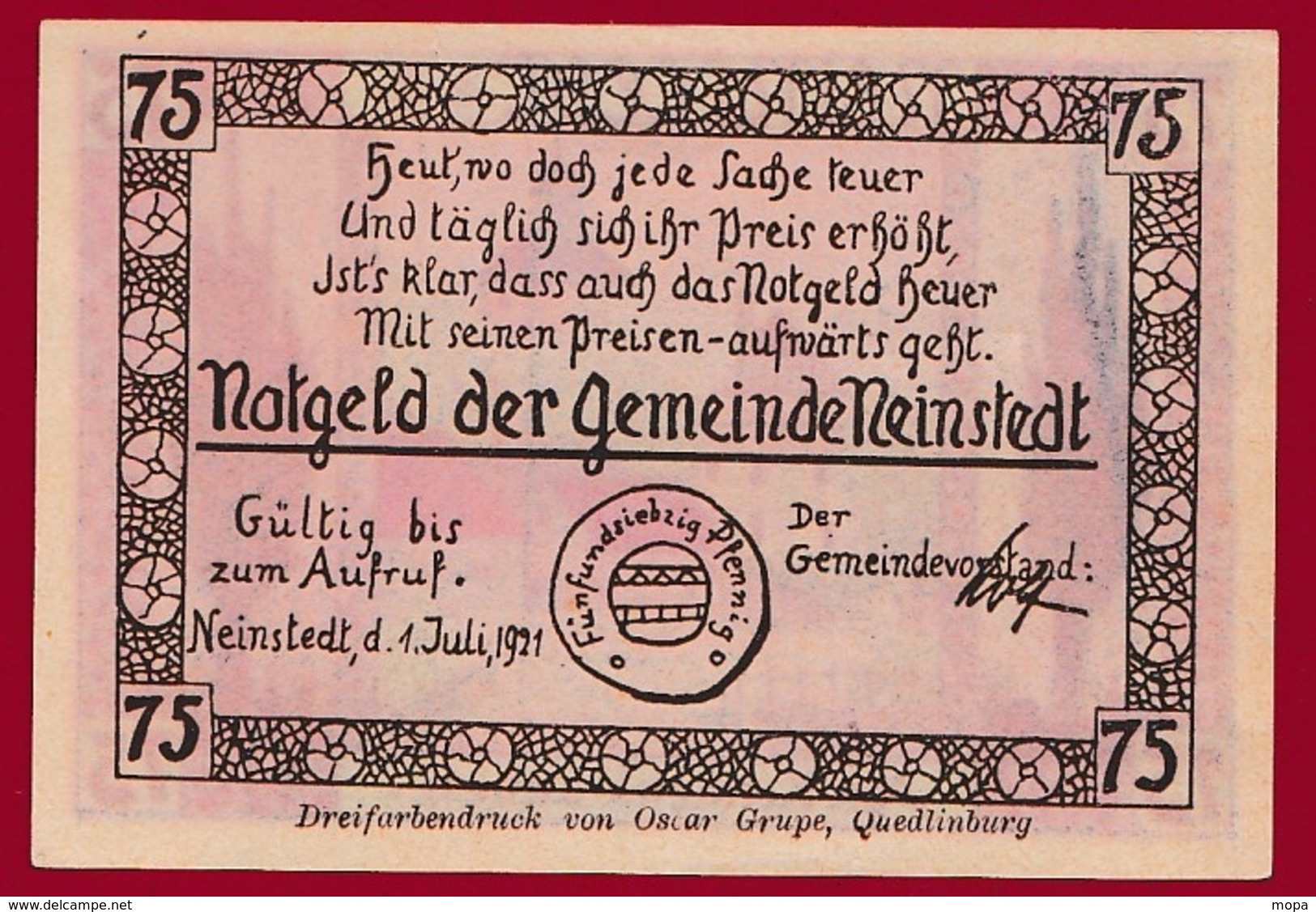Allemagne 1 Notgeld De 75 Pfenning Stadt Neinstedt (RARE) UNC N °4525 - Collections