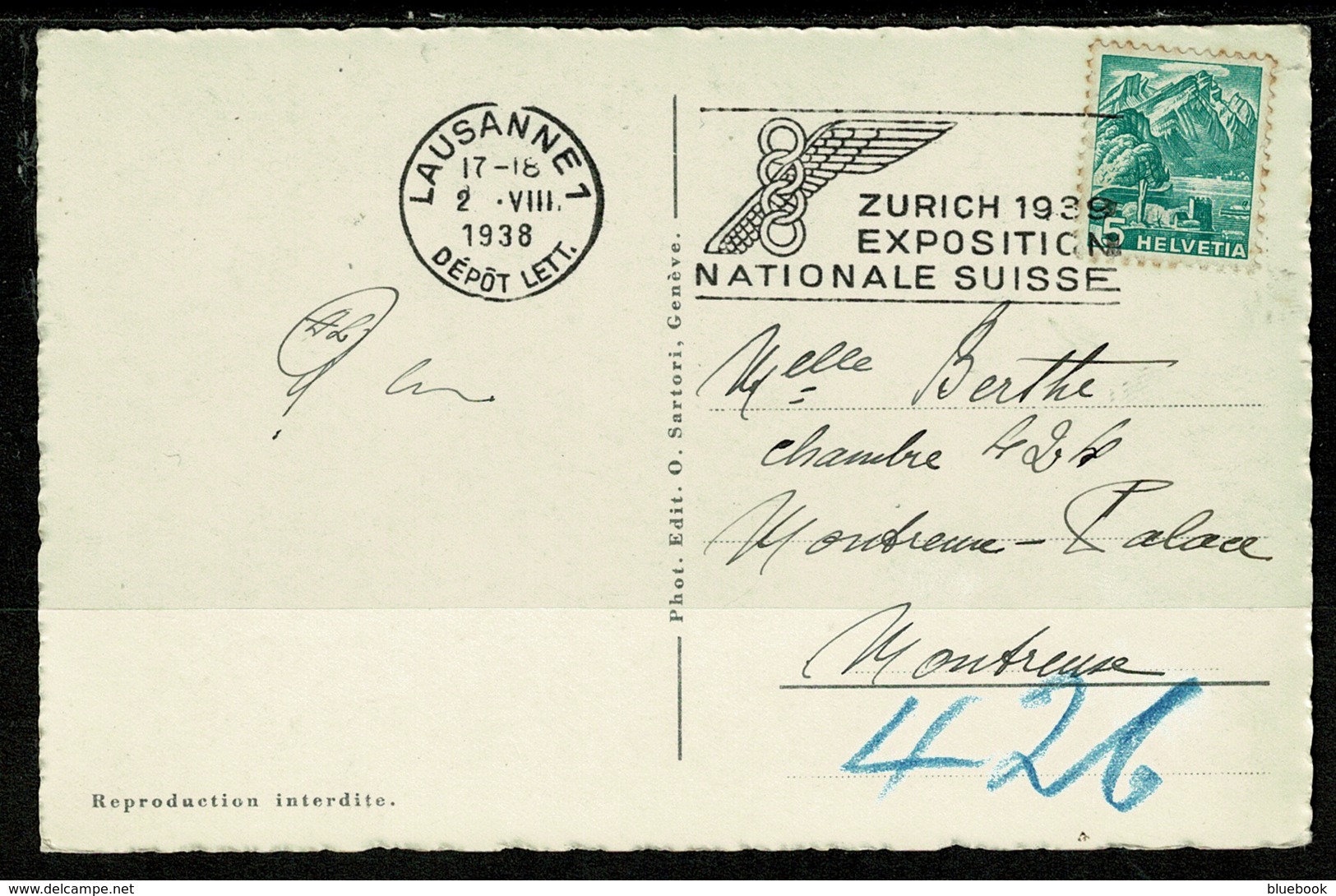 Ref 1321 - 1938 Switzerland Postcard Good Slogan "Zurich 1939 Exposition Nationale Suisse" - Covers & Documents