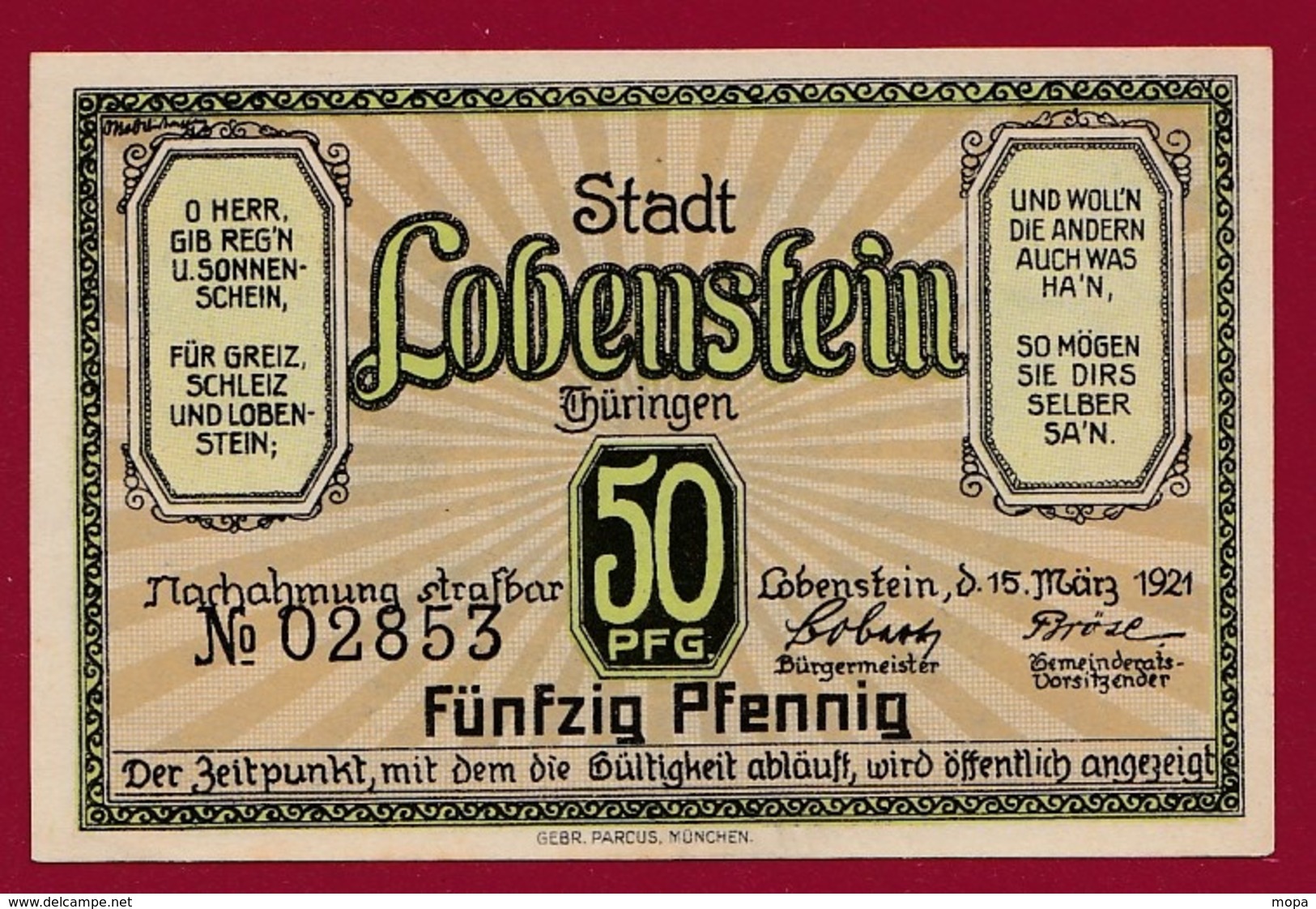 Allemagne 1 Notgeld De 50 Pfenning Stadt Lobenstein UNC N °4540 - Collections
