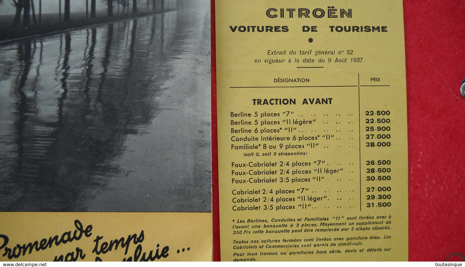 Livret Pub  Pour Citroen Traction Avant. Berline "7" Ou "11 Légère " + Petit Tarif De 1937 . 10 Pages , 8 Photos - Pubblicitari