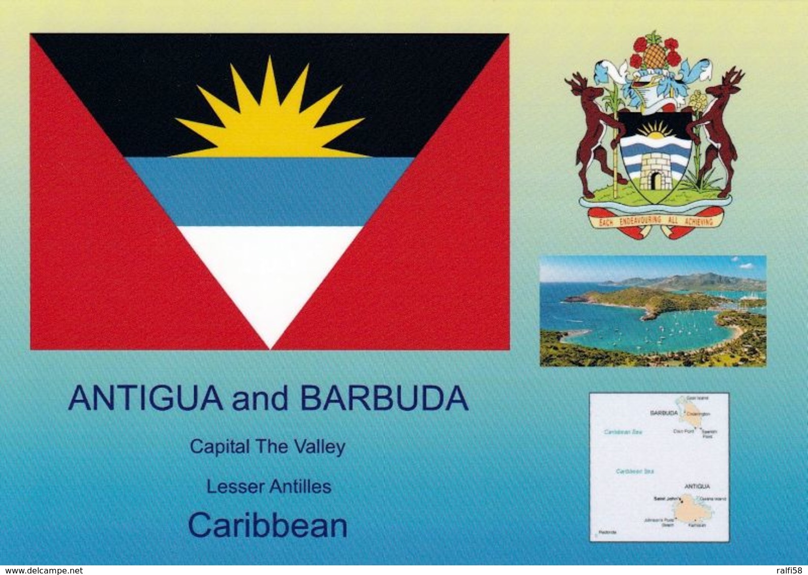 1 AK Antigua Und Barbuda * Die Karte Zeigt Die Flagge, Das Wappen, Die Landkarte Und Eine Ansicht Von Antigua * - Antigua Und Barbuda