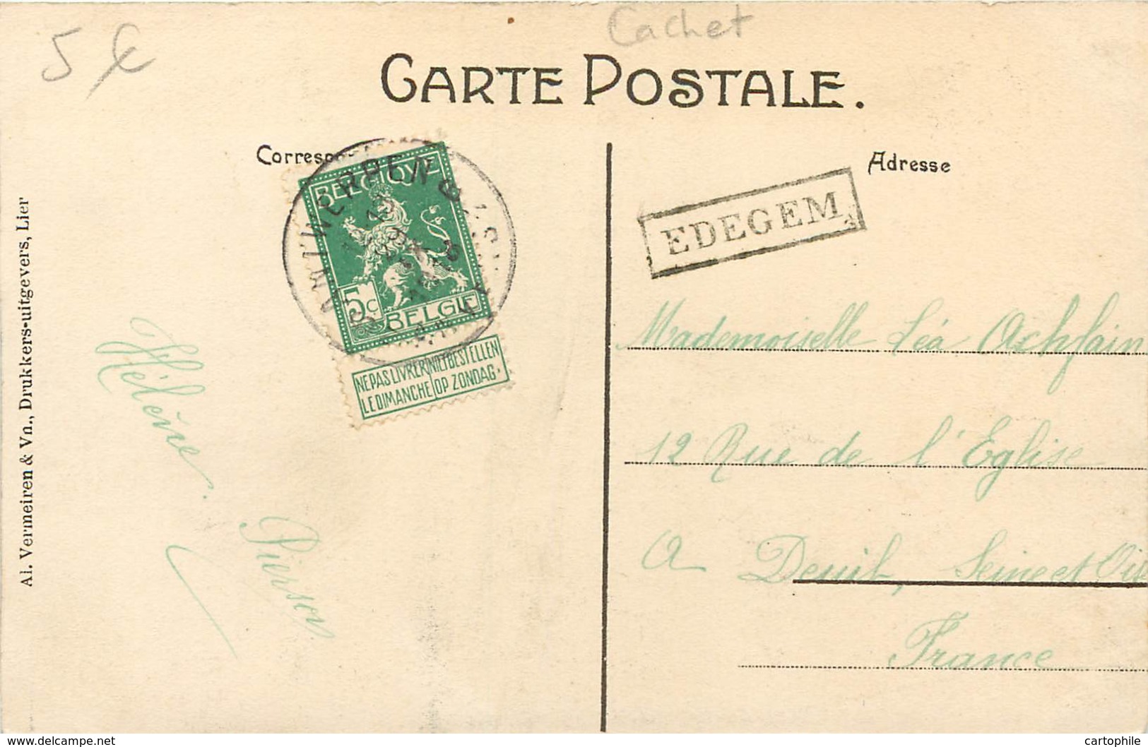 Belgique - Lier - Het Gasthuis - Lierre - Hopital - See Postmark EDEGEM - Marque Postale Au Dos - Lier