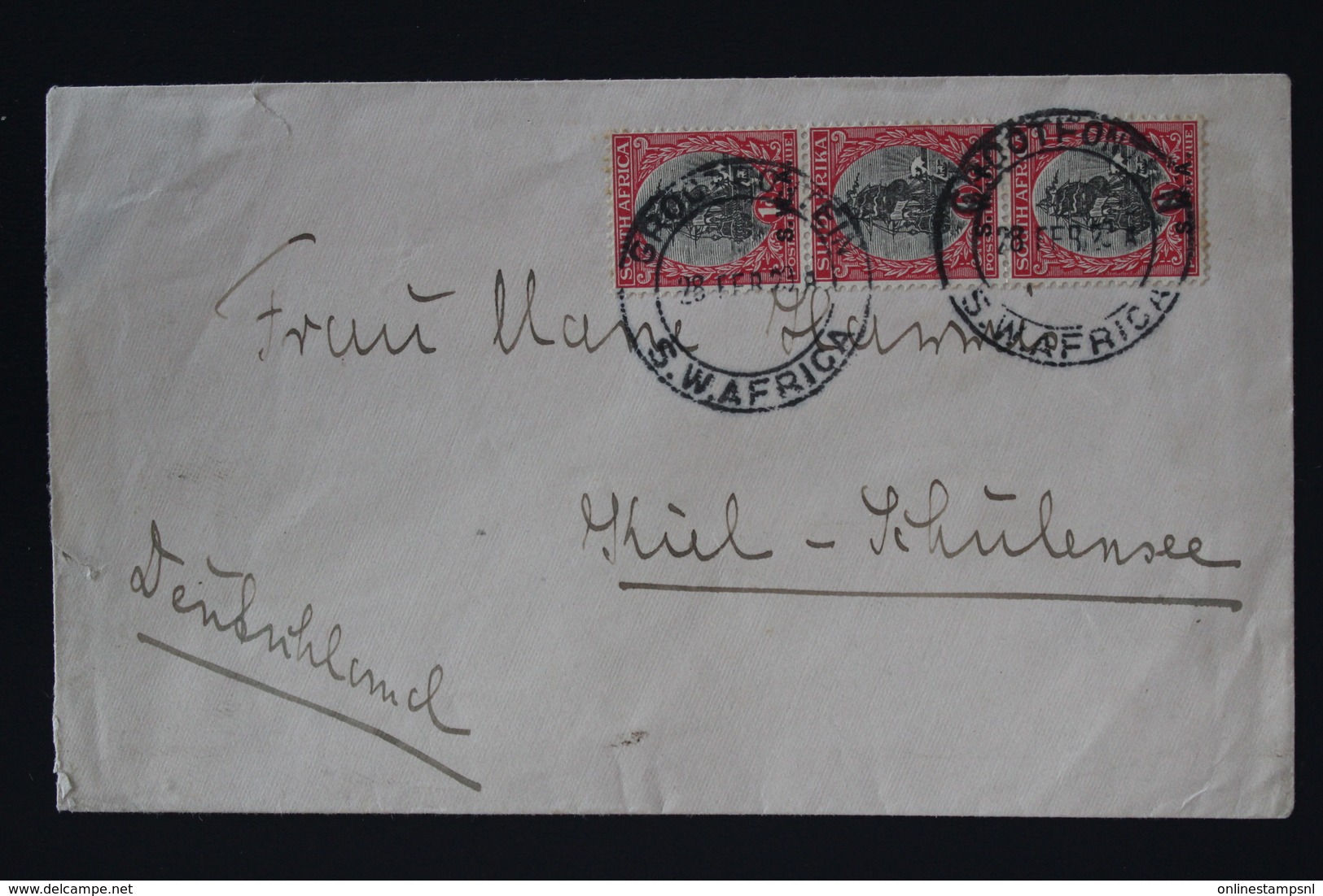 South West Africa Cover  28-2-29 Grootfontein -> Kiel Germany Strip Of 3 Cancel Putzel Nr 2a - Africa Del Sud-Ovest (1923-1990)