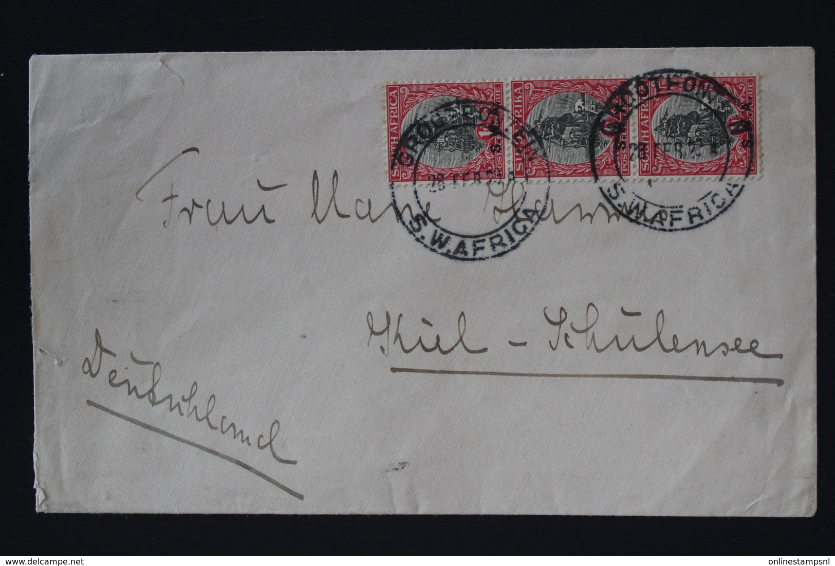 South West Africa Cover  28-2-29 Grootfontein -> Kiel Germany Strip Of 3 Cancel Putzel Nr 2a - South West Africa (1923-1990)