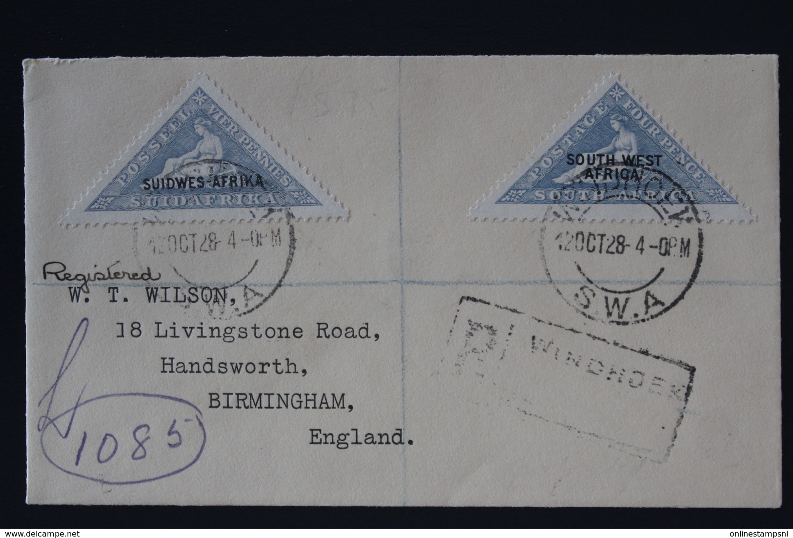 South West Africa Airmail Registered Cover  Windhoek 12-10-28 To Birmingham SG 44A + 44 B - Afrique Du Sud-Ouest (1923-1990)