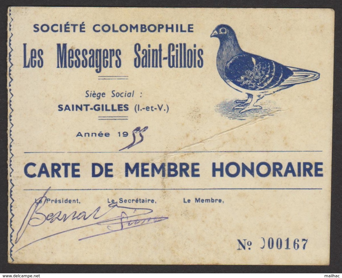 D 35 - SAINT-GILLES - SOCIETE COLOMBOPHILE - Carte De Membre Honoraire - 1955 - Autres & Non Classés