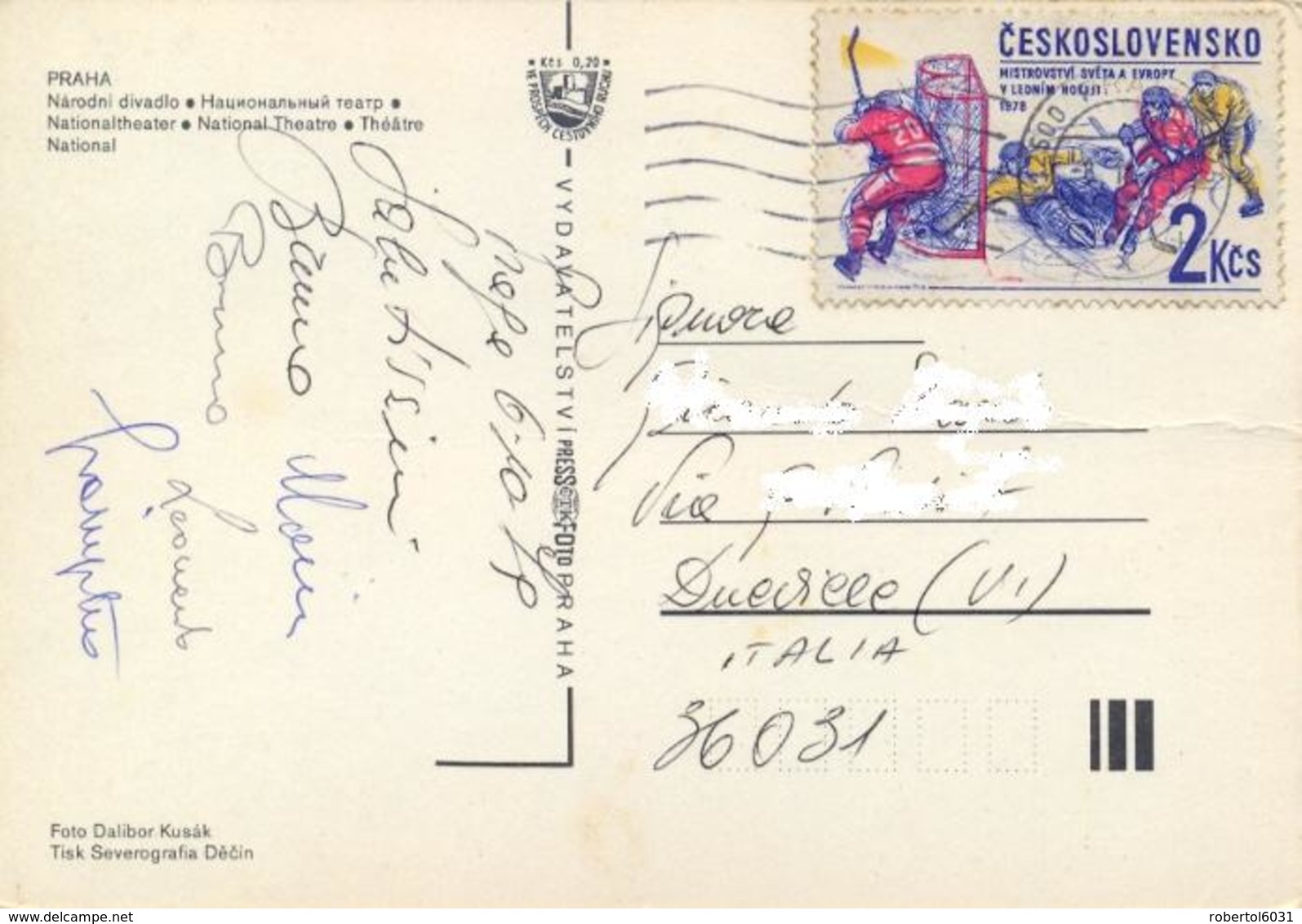 Czechoslovakia 1979 Picture Postcard To Italy With 2 Kcs. 5th European Ice Hockey Championships 1978 - Hockey (sur Glace)