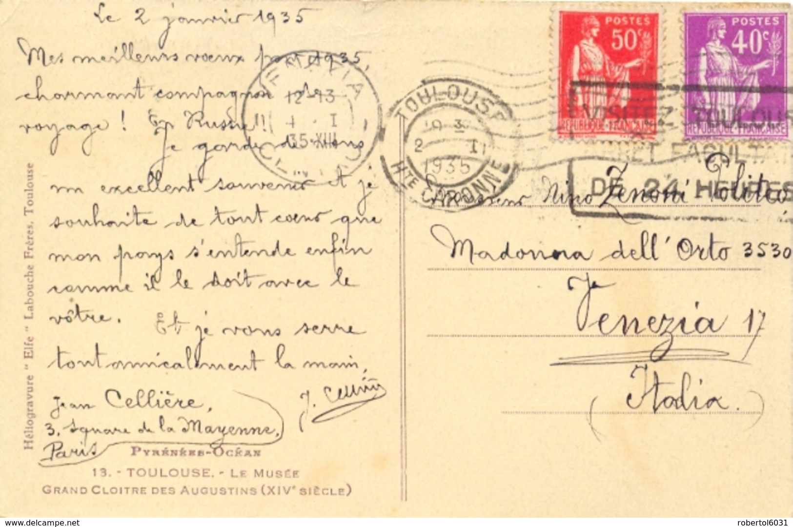 France 1935 Picture Postcard To Italy With Type Paix 40 C. + 50 C. - 1921-1960: Periodo Moderno