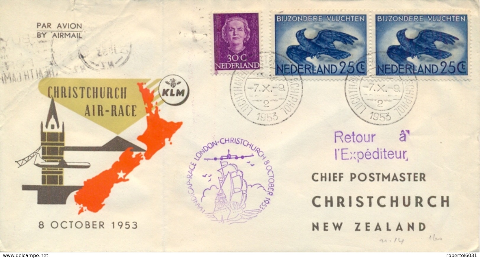 Netherlands 1953 London - Christchurch Air Race Cover Flown From Amsterdam Schiphol To New Zealand - Aerei