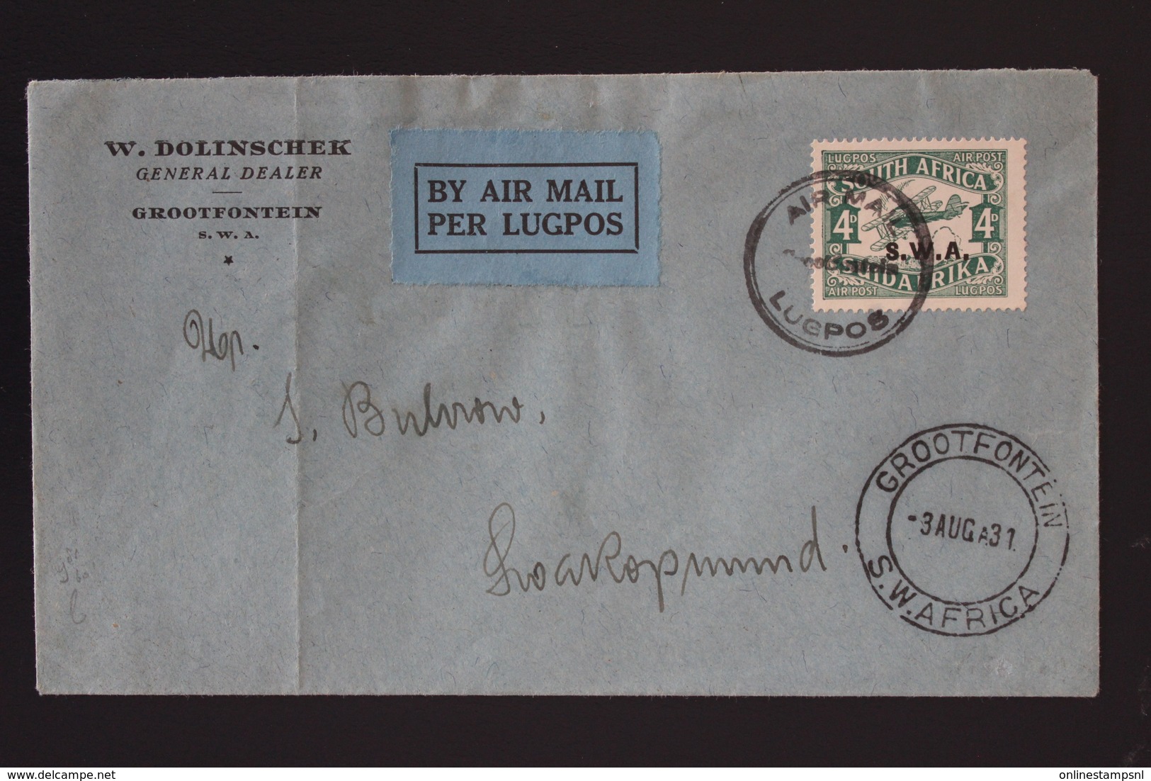 South West Africa Airmail Cover Grootfontein -> Windhoek -> Swetopmund 3-8-1931 - Afrique Du Sud-Ouest (1923-1990)