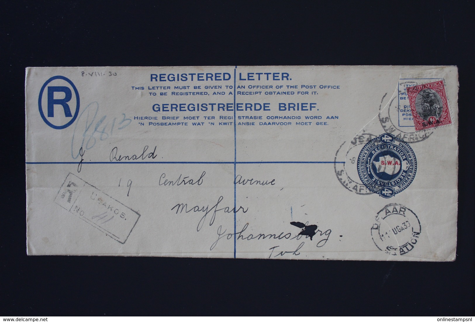 South West Africa Registered Cover NGK Nr 9 HG10a USAKOS-> JOHANNESBURG   Aug 1933 - Afrique Du Sud-Ouest (1923-1990)