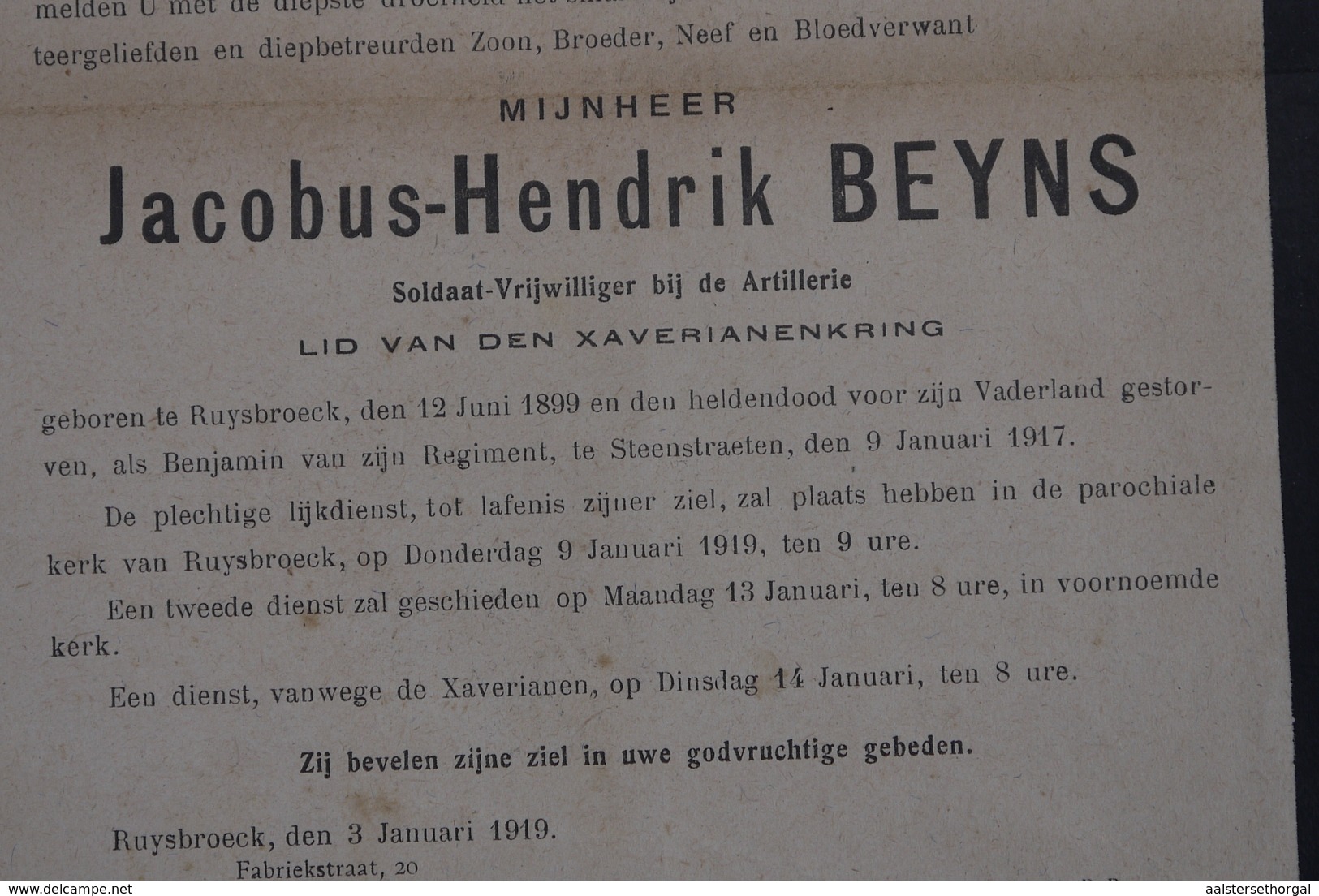 1914 1918 Wo1 Doodsbrief Beyns +1917 Steenstraeten Soldaat Vrijwilliger Artillerie Nog Geen 18 Jaar !!!! - 1914-18