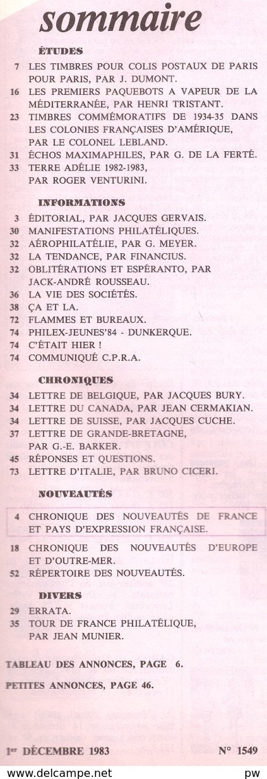 REVUE L'ECHO DE LA TIMBROLOGIE N°1549 De Décembre 1983 - Français (àpd. 1941)