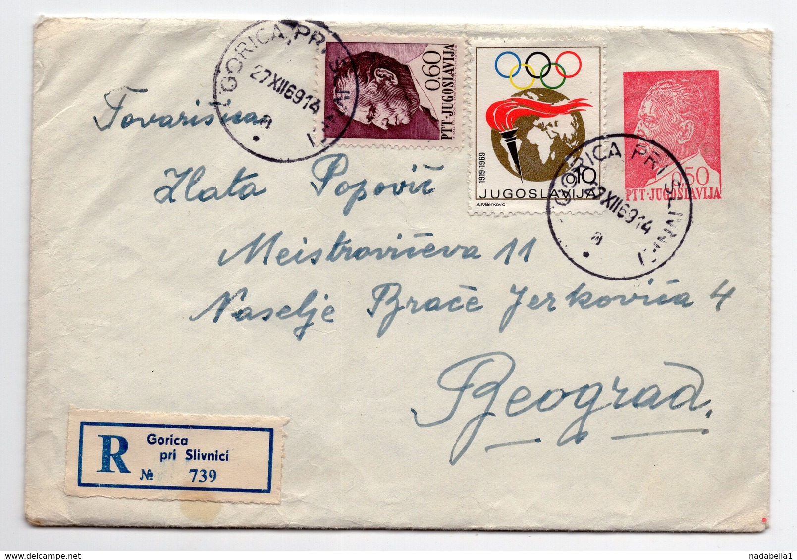 1969 YUGOSLAVIA, SLOVENIA, GORICA PRI SLIVNICI TO BELGRADE, TITO IMPRINTED STAMP ON COVER, OLYMPIC STAMP - Enteros Postales