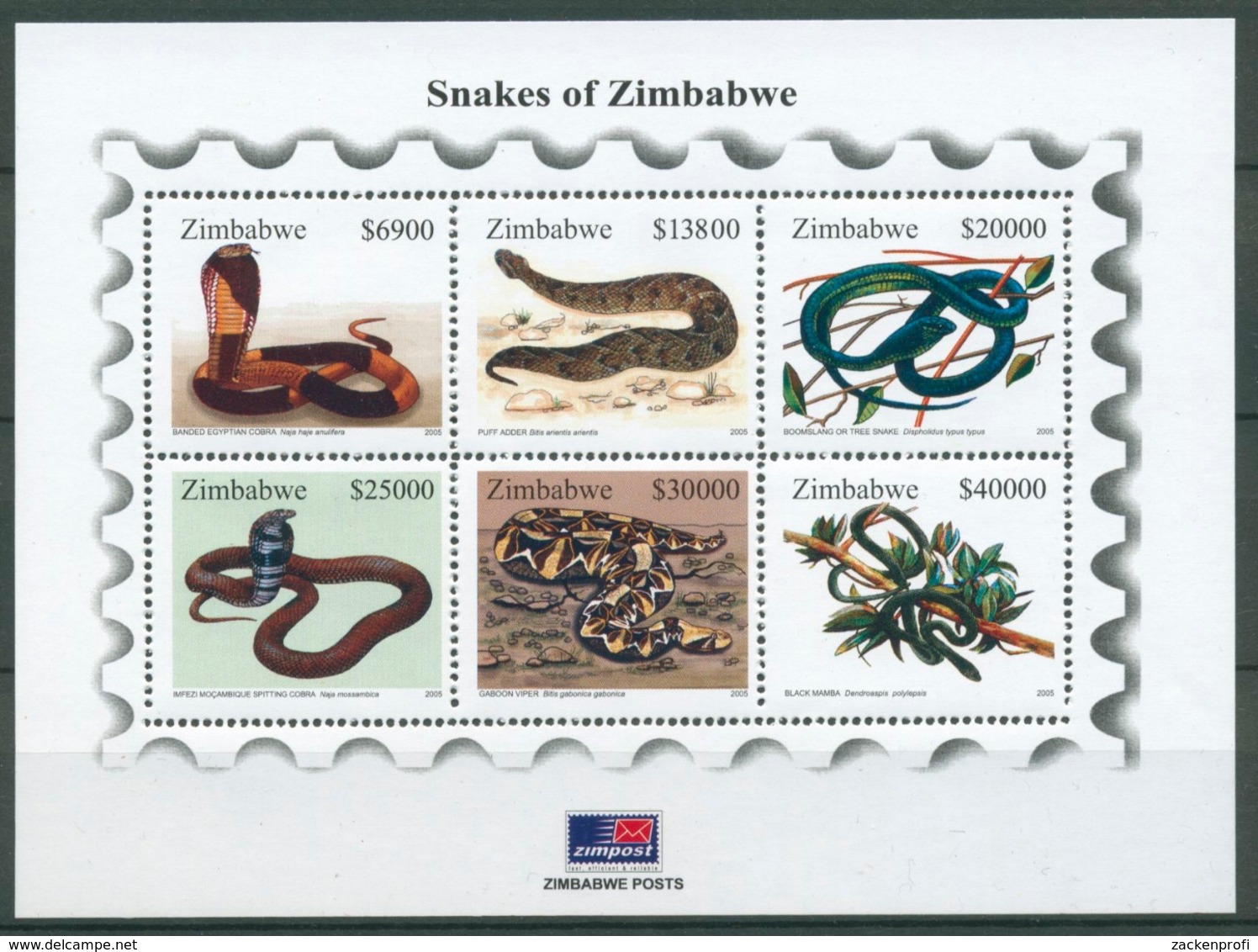 Simbabwe 2005 Reptilien Schlangen Kobra Viper Block 14 Postfrisch (C27713) - Zimbabwe (1980-...)