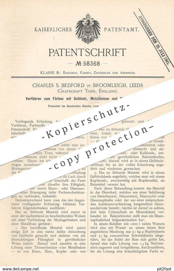 Original Patent - Charles S. Bedford , Broomleigh , Leeds , York , England | Färben Mit Gelbholz , Metallbeize | Beize - Historische Dokumente