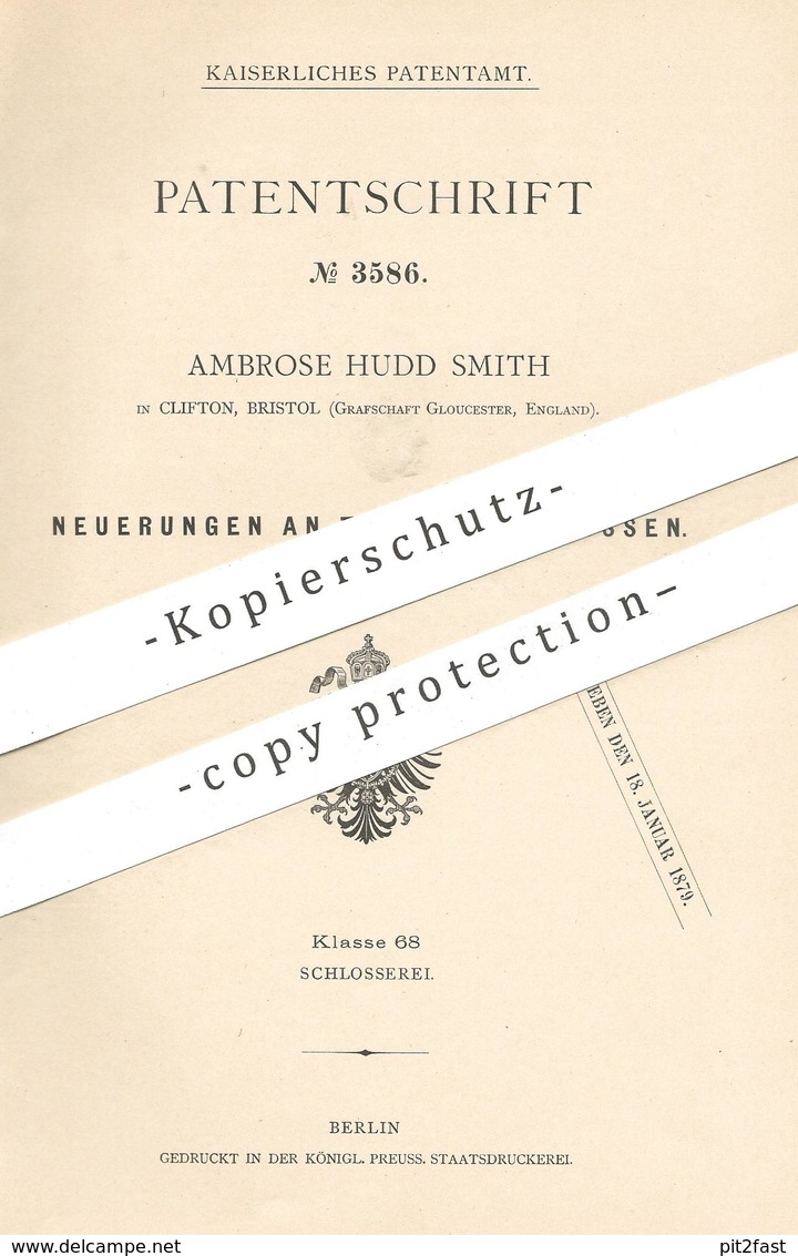 Original Patent - Ambrose Hudd Smith , Clifton , Bristol , Gloucester  England , 1878 , Türverschluss , Schloss | Riegel - Historische Dokumente