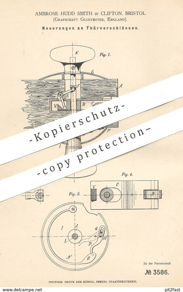 Original Patent - Ambrose Hudd Smith , Clifton , Bristol , Gloucester  England , 1878 , Türverschluss , Schloss | Riegel - Historische Dokumente