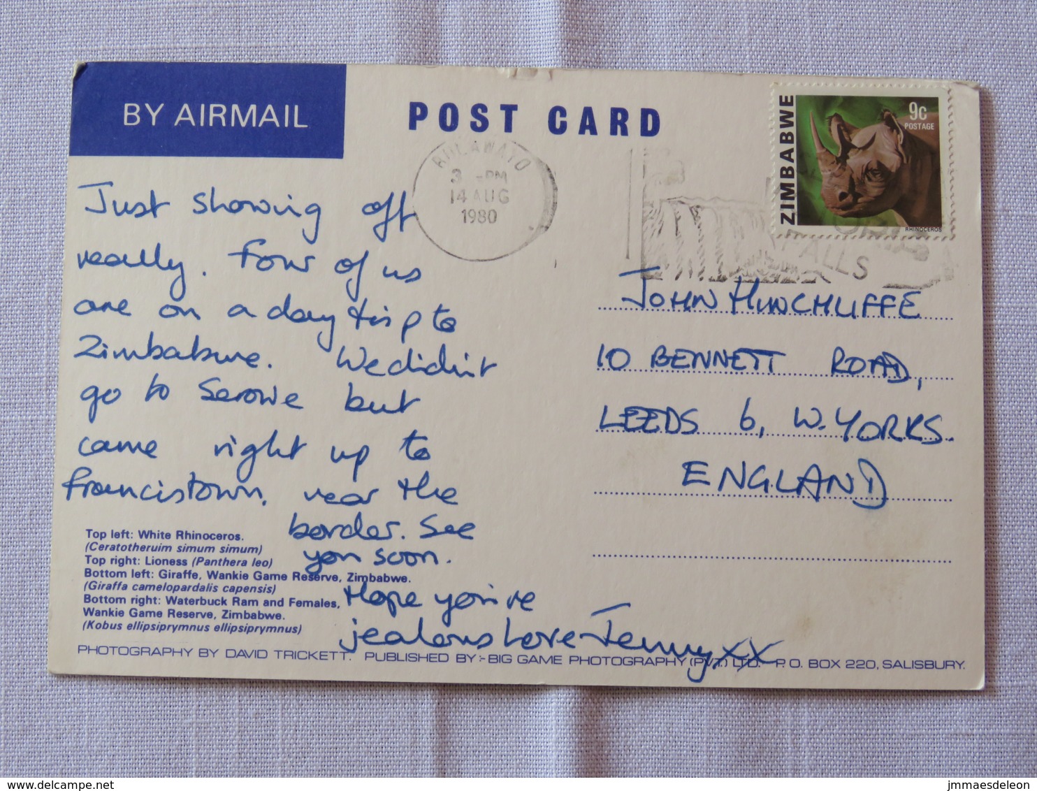 Zimbabwe 1980 Postcard "animals Giraffe Lion Gazelle Waterbuck" To England - Rhinoceros - Zimbabwe (1980-...)