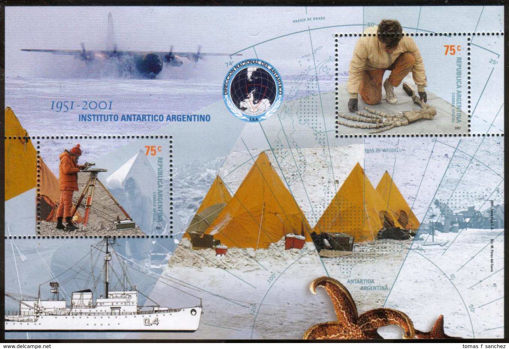 Argentina - 1951 - 2001 - 50 Ans De L'Institut Antarctique Argentin - Les Dinosaures De L'Antarctique - Bases Antarctiques