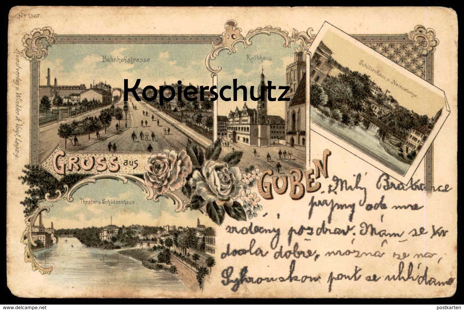 ALTE LITHO POSTKARTE GRUSS AUS GUBEN BAHNHOFSTRASSE THEATER & SCHÜTZENHAUS NEISSEBERGE Ansichtskarte AK Postcard - Guben