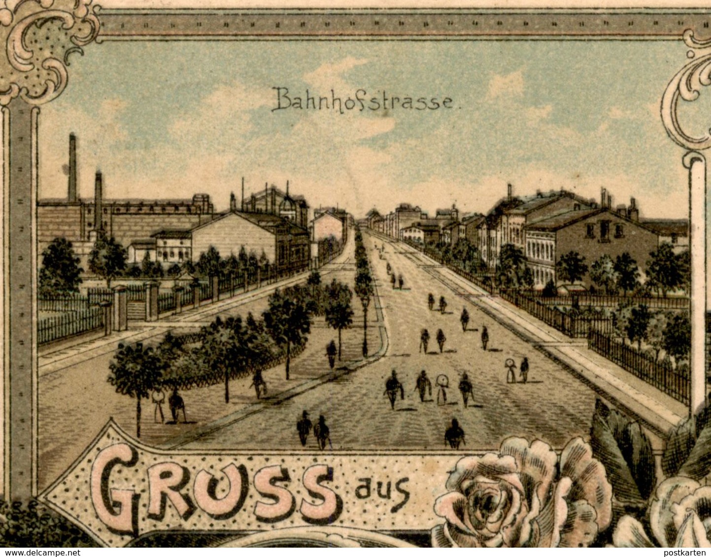 ALTE LITHO POSTKARTE GRUSS AUS GUBEN BAHNHOFSTRASSE THEATER & SCHÜTZENHAUS NEISSEBERGE Ansichtskarte AK Postcard - Guben