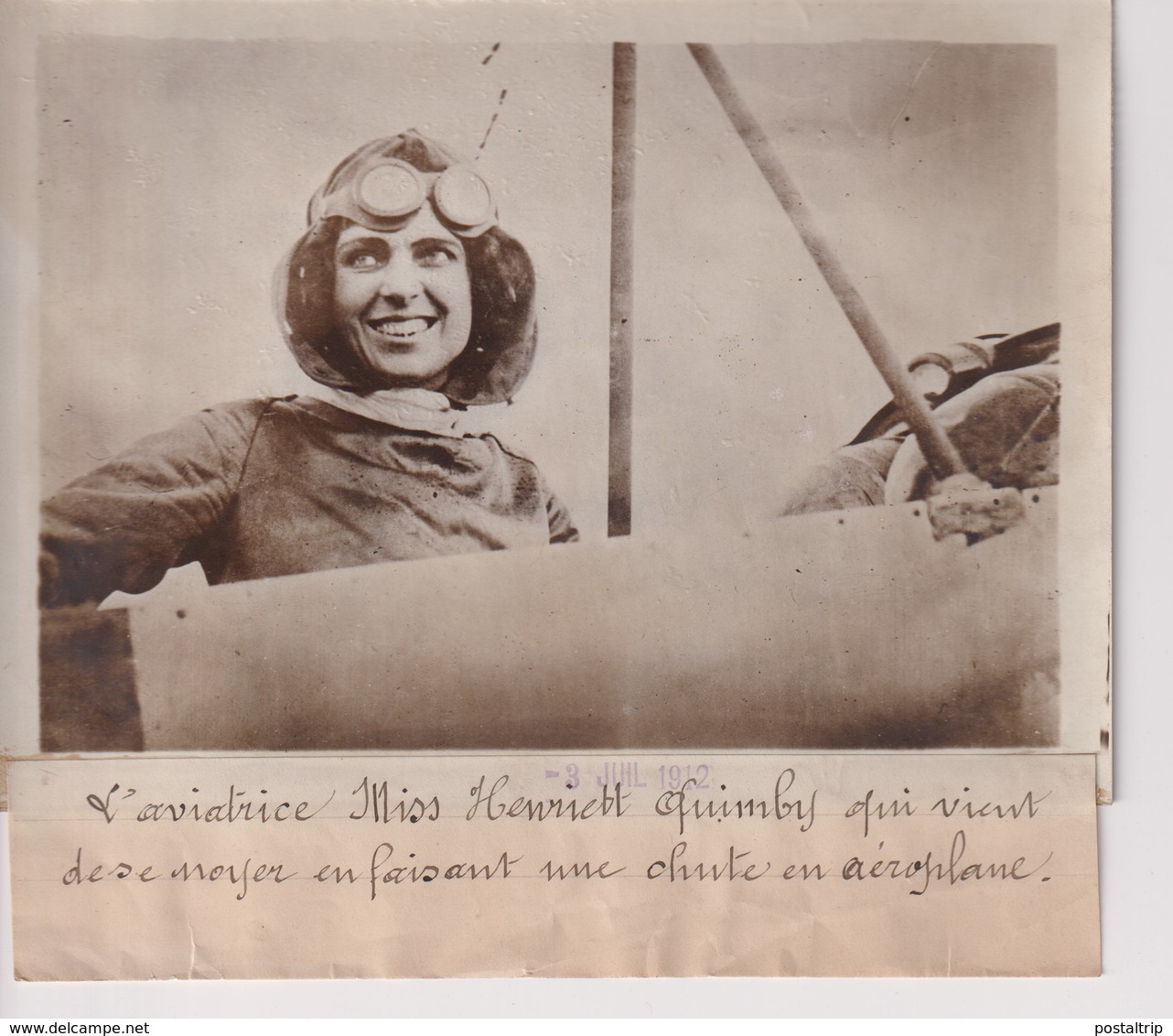 AVIATEUR MISS HENRIETT QUIMBY HARRIET  DESNOYER CHUTE EN AEROPLANE 18*13CM Maurice-Louis BRANGER PARÍS (1874-1950) - Aviación