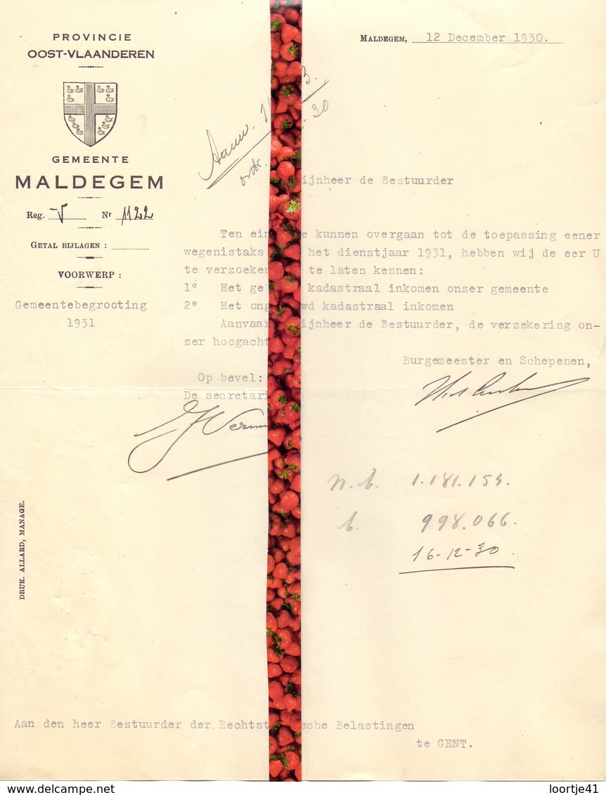 Brief Lettre - Gemeente Maldegem - Naar Kadaster 1930 - Non Classés