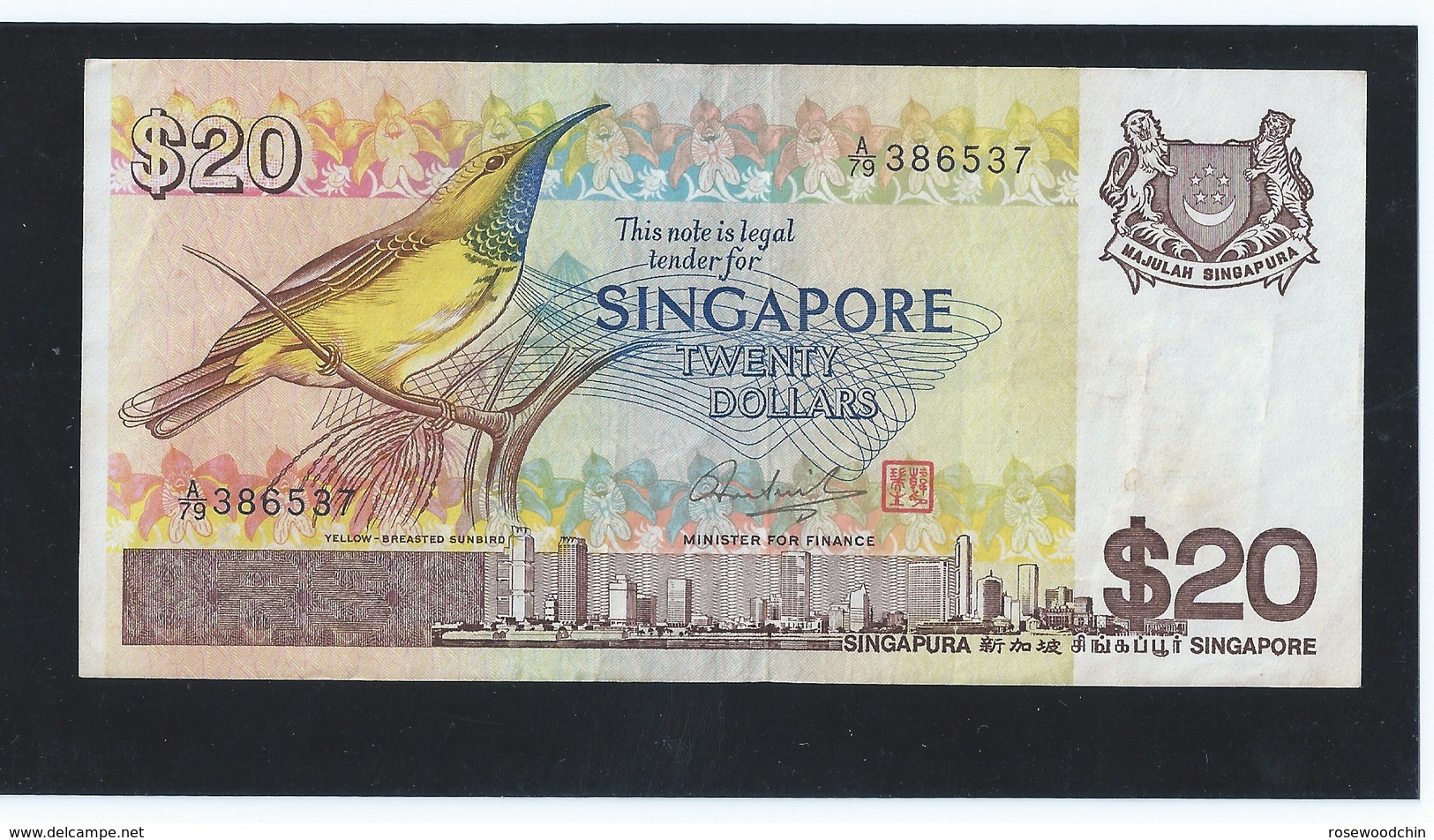 VINTAGE !  "A" Prefix  ! SINGAPORE $20 BIRD SERIES PAPER MONEY BANKNOTE A/79-386537 (#51B) - Singapore