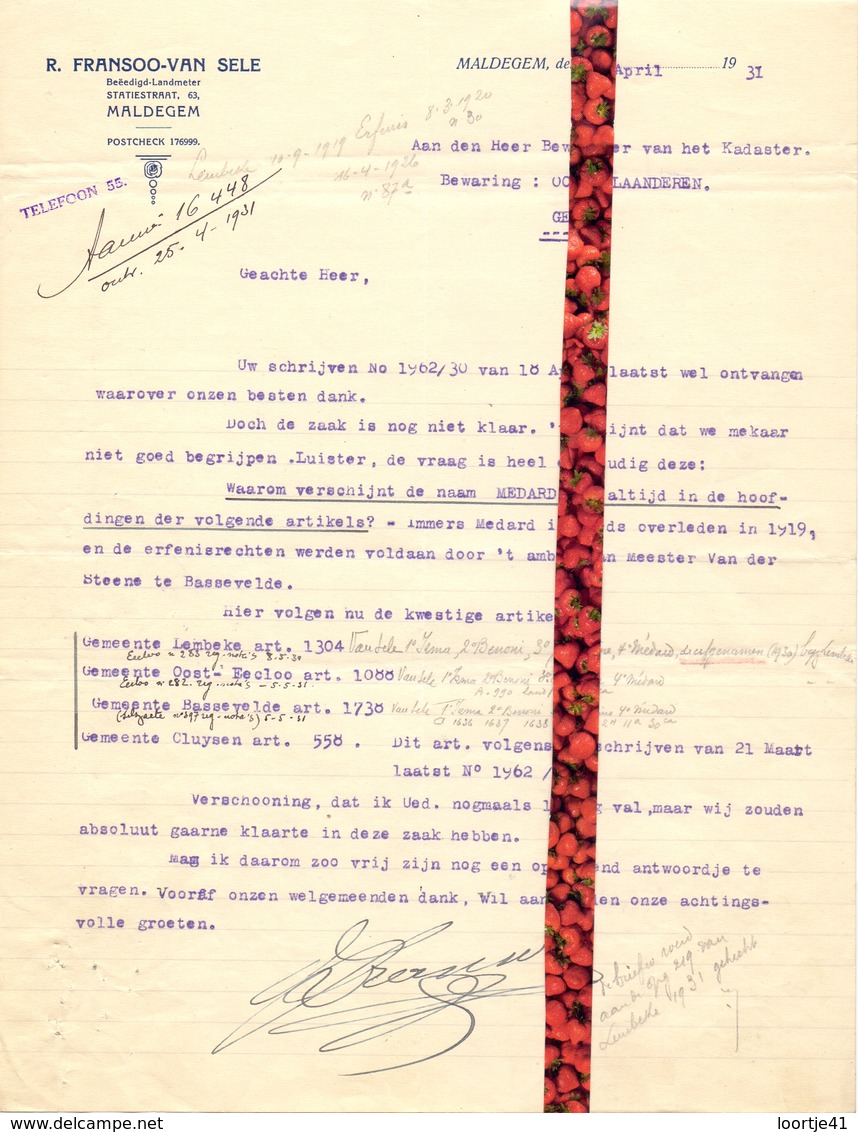 Brief Lettre - Landmeter R. Fransoo - Van Sele Maldegem - Naar Kadaster 1931 + Brief Met Antwoord - Non Classés