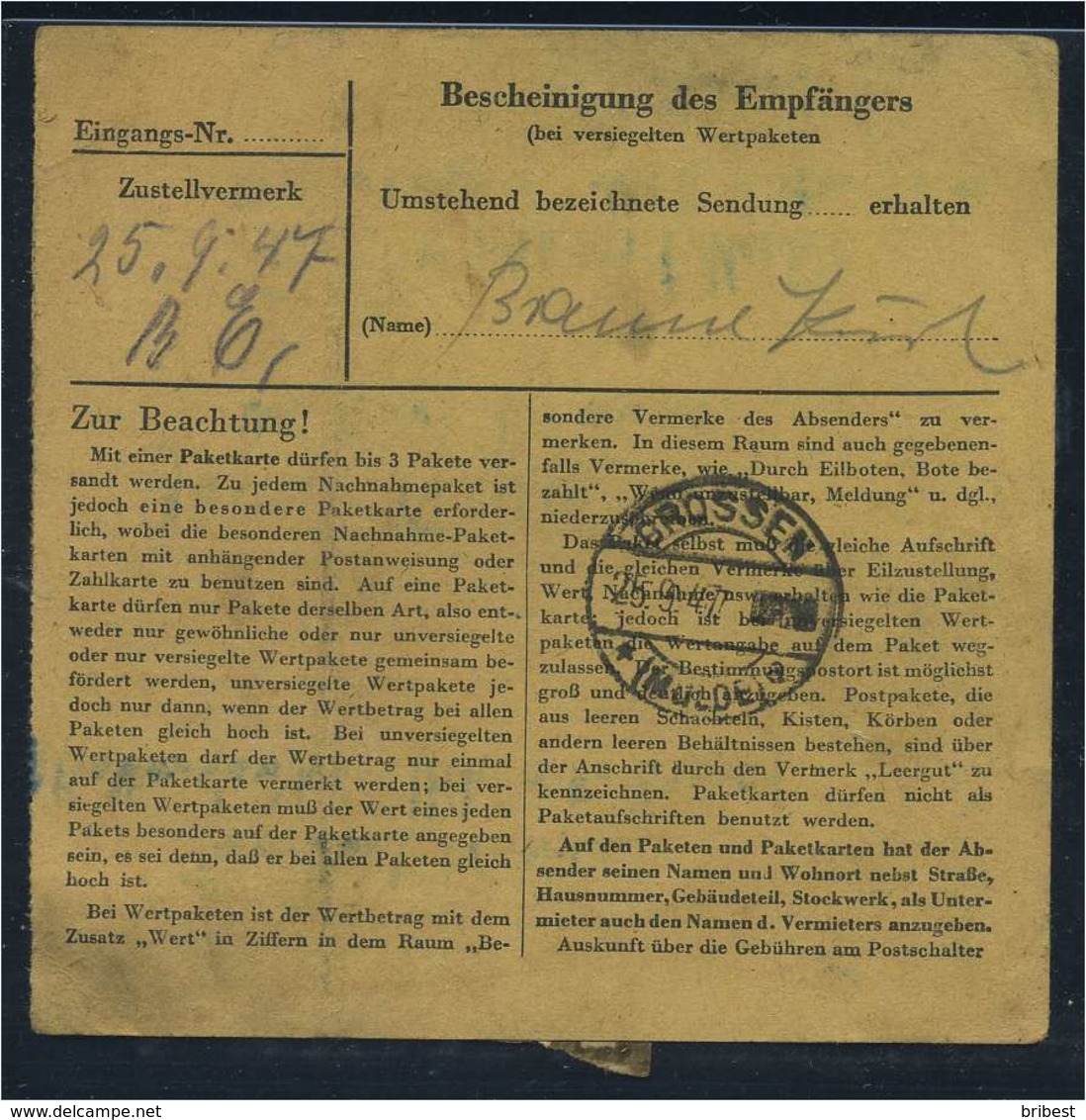 PAKETKARTE 1947 Nr 954 Siehe Beschreibung (115382) - Sonstige & Ohne Zuordnung