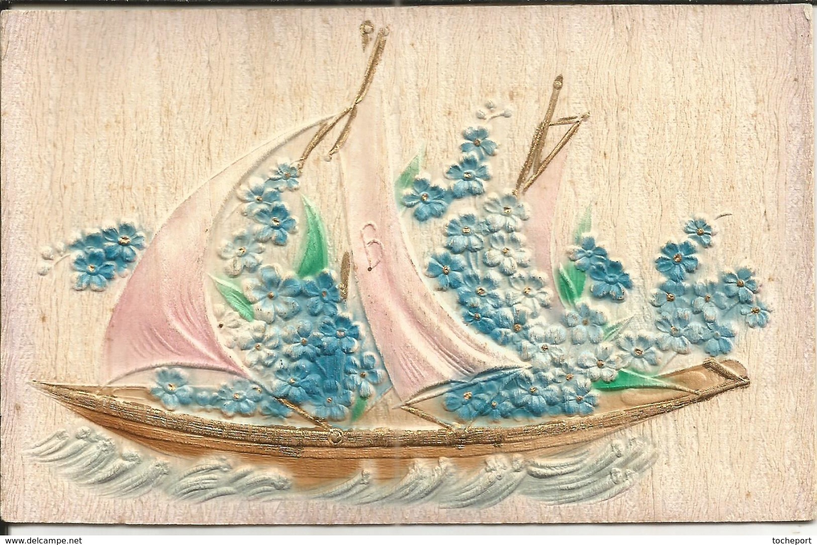 CARTE FANTAISIE ILLUSTRATION  BATEAU A VOILE MYOSOTIS  FLEUR  CP GAUFREE - Fiori