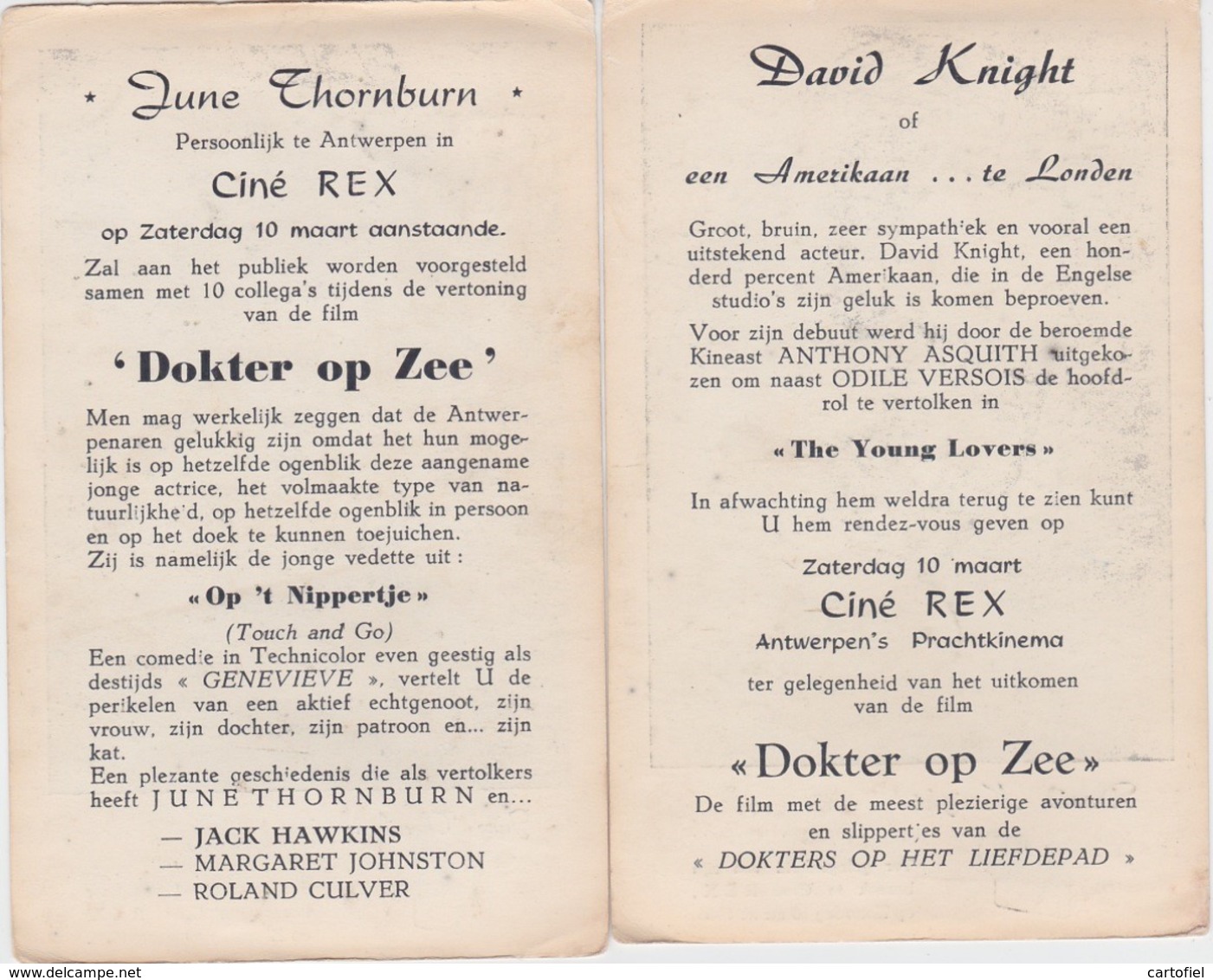 ANTWERPEN-CINE-REX-DAVID KNIGHT+JUNE THORNBURN-10.03.1956-PREMIERE-FILM-DOKTER OP ZEE+-10-15CM-ZIE DE 2 SCANS-RARE! ! - Bioscoopreclame
