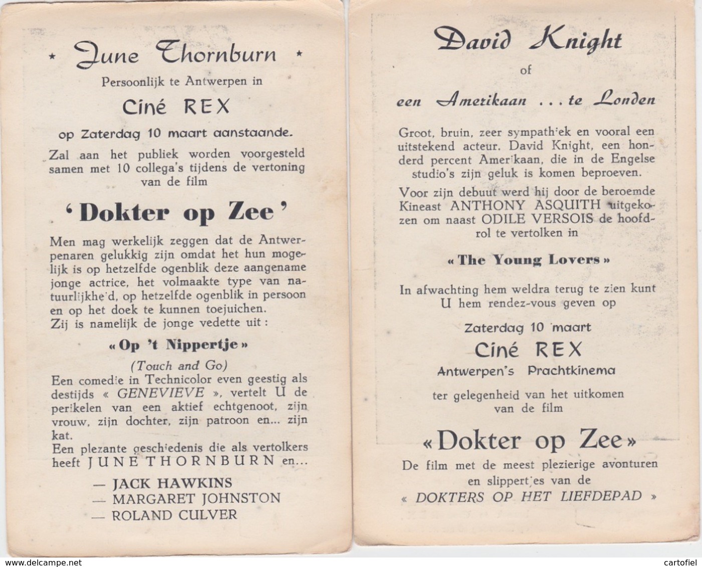 ANTWERPEN-CINE-REX-DAVID KNIGHT+JUNE THORNBURN-10.03.1956-PREMIERE-FILM-DOKTER OP ZEE+-10-15CM-ZIE DE 2 SCANS-RARE! ! - Cinema Advertisement