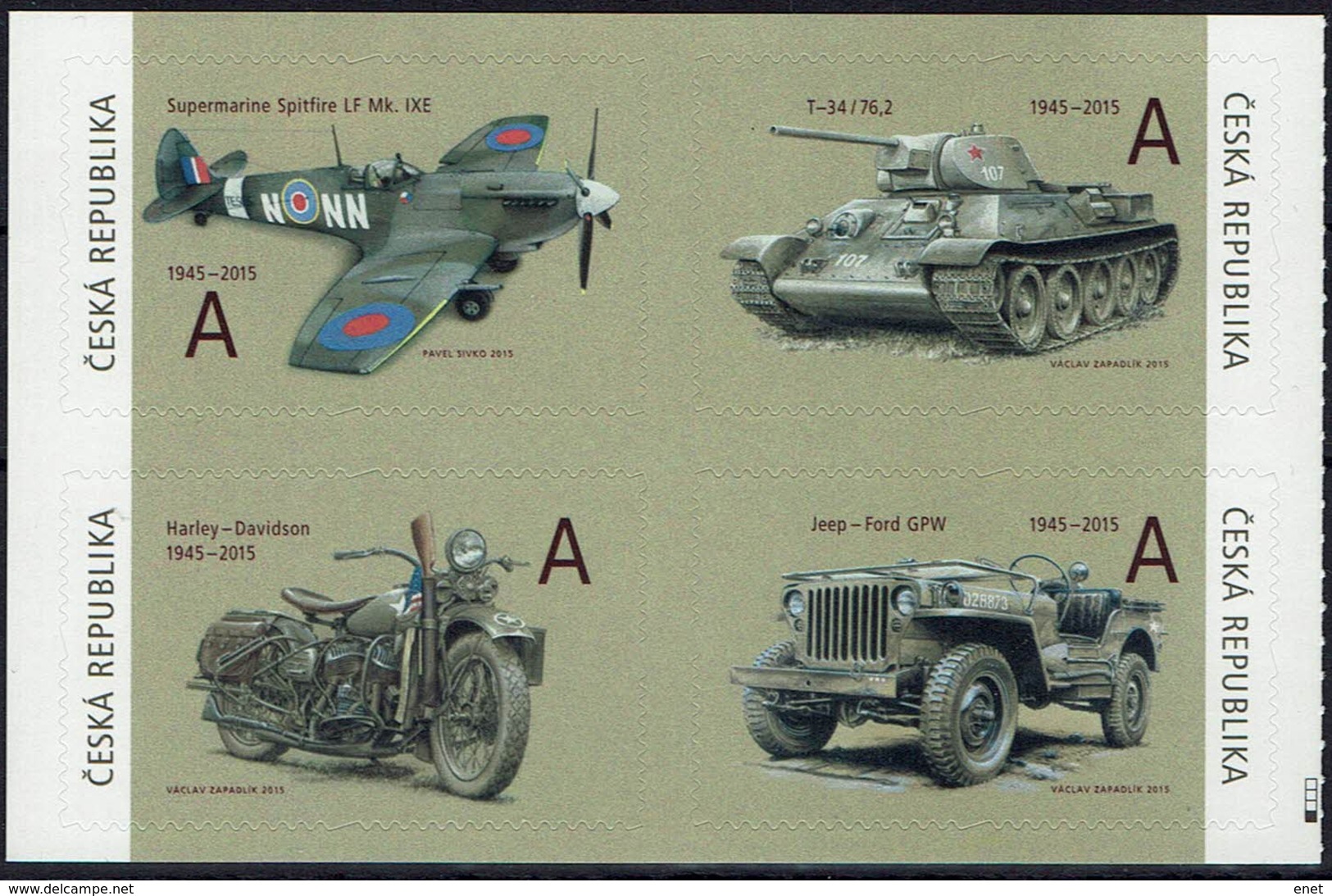 Tschechische Rep. - Czech Rep. 2015 - Spitfire / Panzer T-34 / Harley-Davidson / Jeep - MiNr 831-834 - 2. Weltkrieg