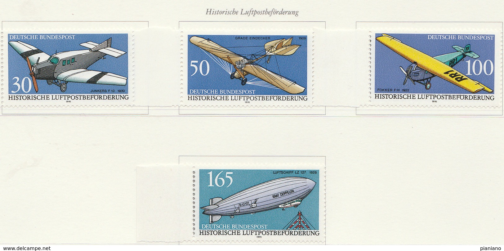 PIA - GERMANIA  - 1991  : Storia Dei Trasporti Aeropostali .  Antichi Apparecchi  -  (Yv  1354-57) - Aerei