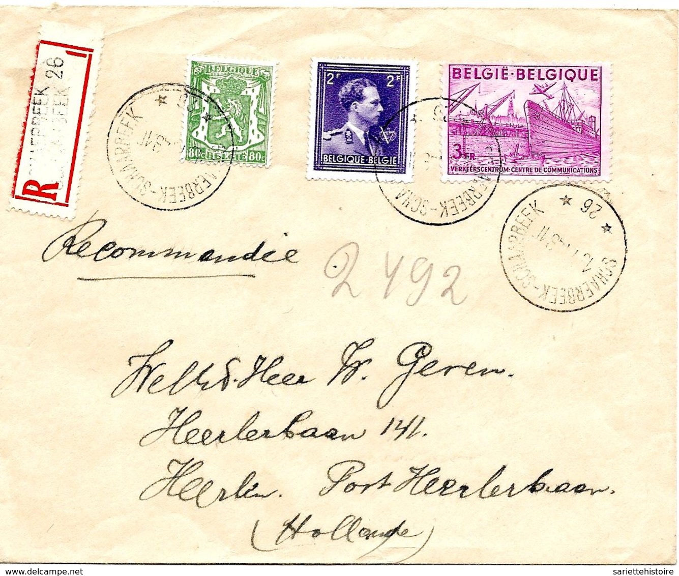 SH 0057. N° 693-713A-770 AGENCE SCHAERBEEK * 26 * 16.7.46 V. HEERLEN (P-B) En RECOMMANDE Au Tarif Préférentiel . TB - Postmarks With Stars