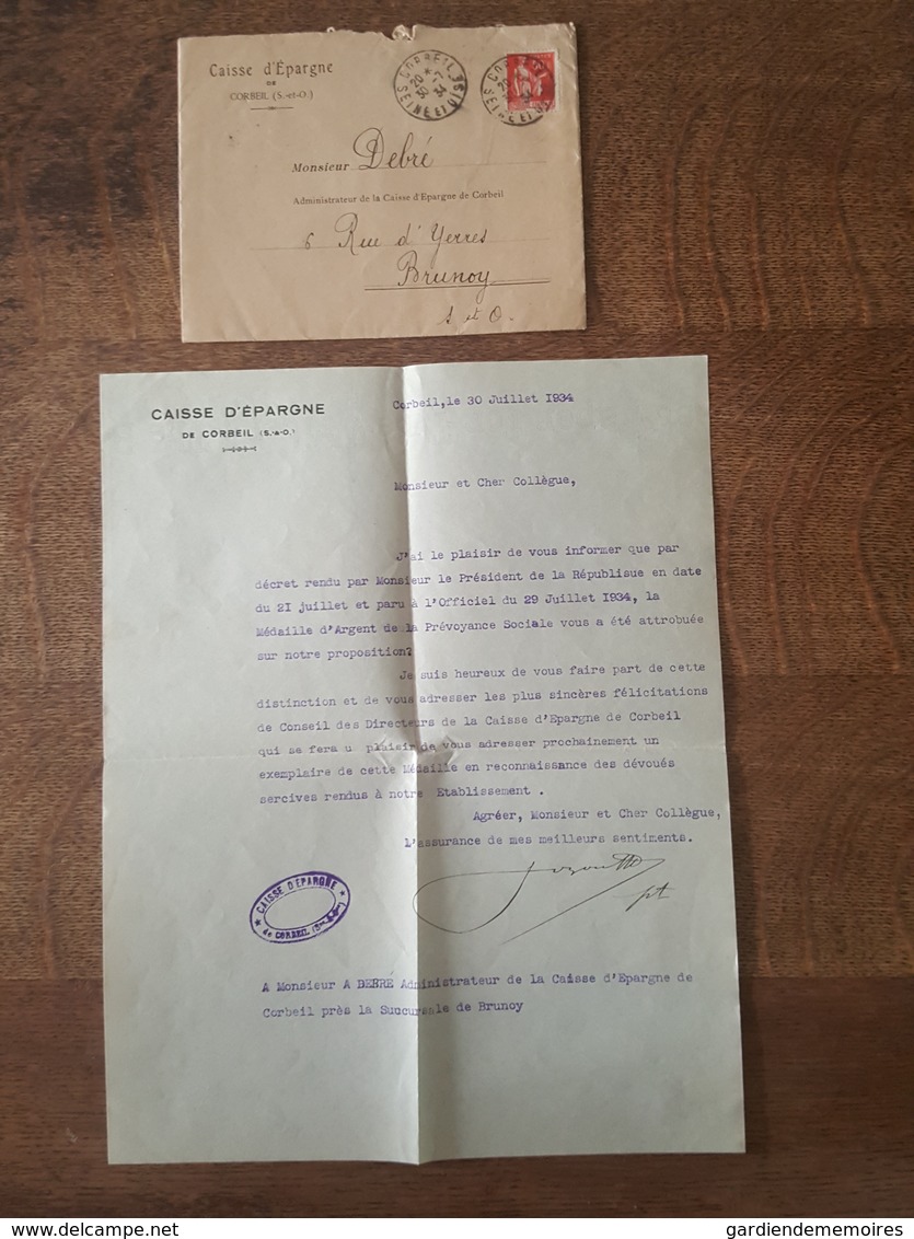 Brunoy 1934 - Mr Debré Administrateur Caisse D'Epargne De Corbeil - Attribution Médaille D'Argent Prévoyance Sociale - Zonder Classificatie