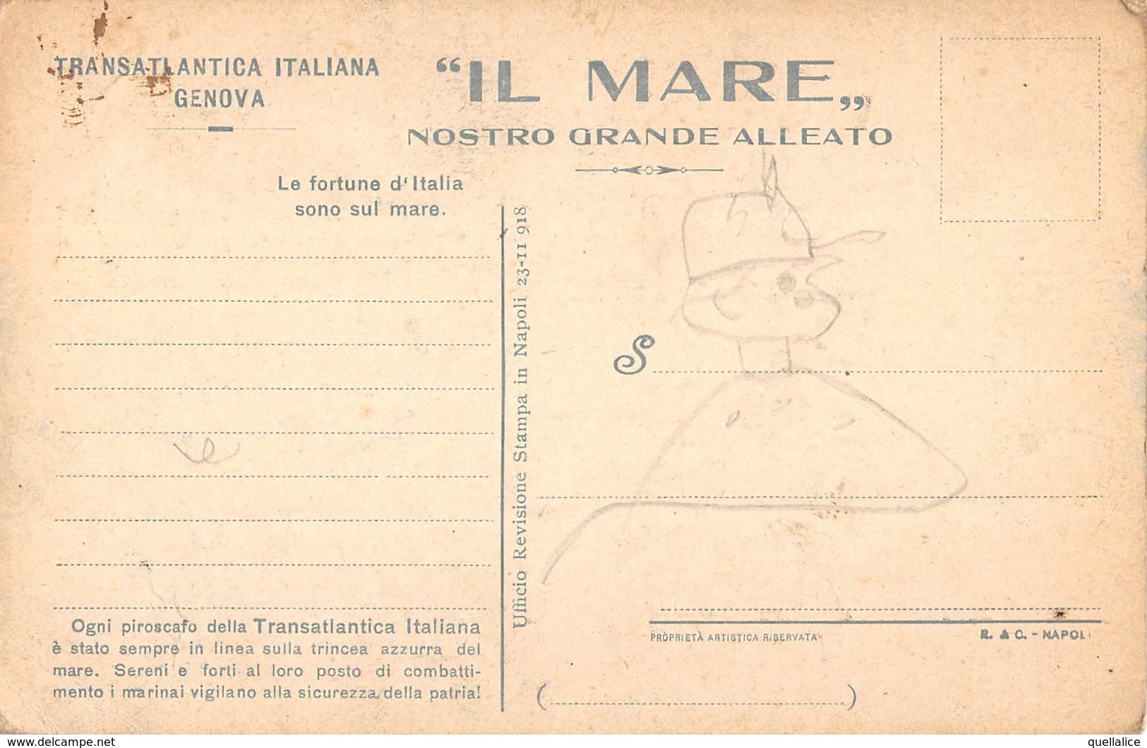 01255 "TRANSATLANTICA ITALIANA - GENOVA - IL MARE - IL NOSTRO GRANDE ALLEATO - PIROSCAFO" ANIMATA. CART NON SPED - Banche